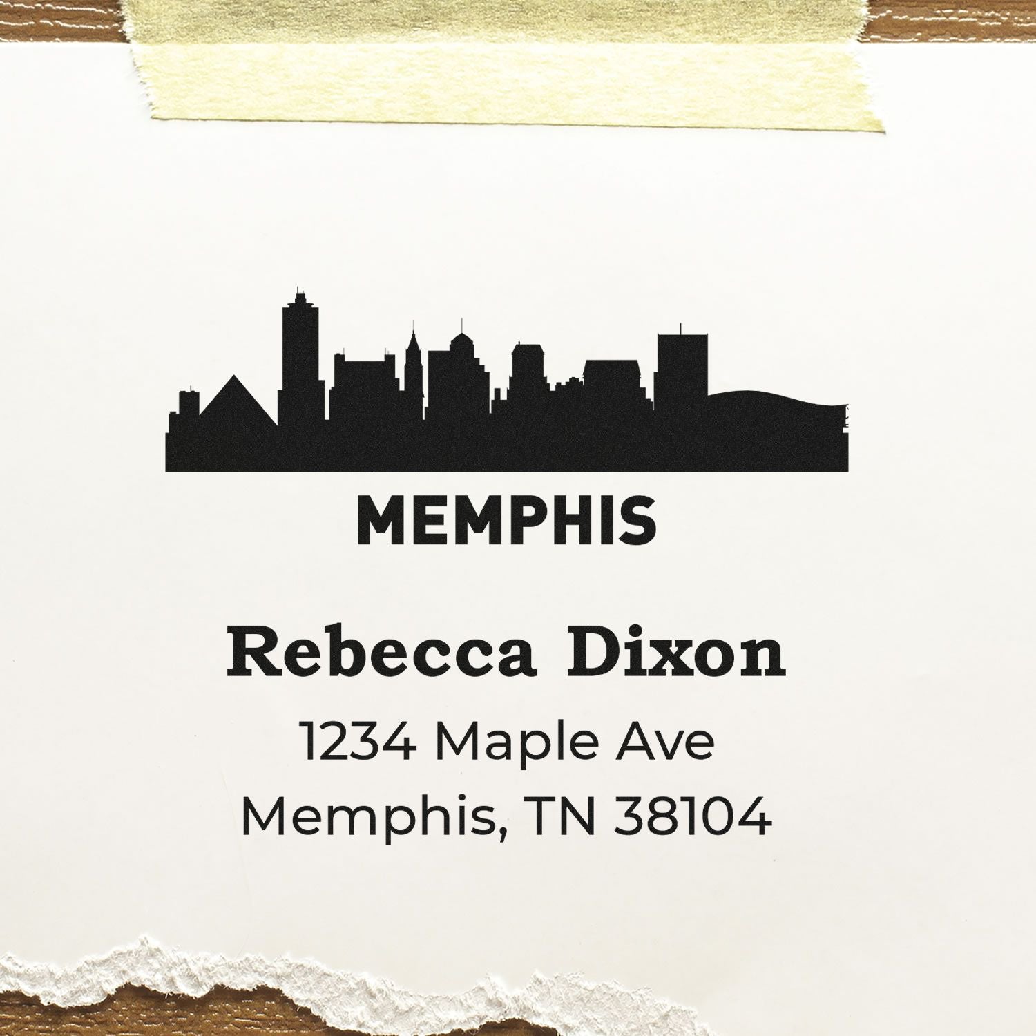 Memphis skyline custom address rubber stamp for Rebecca Dixon, 1234 Maple Ave, Memphis, TN 38104