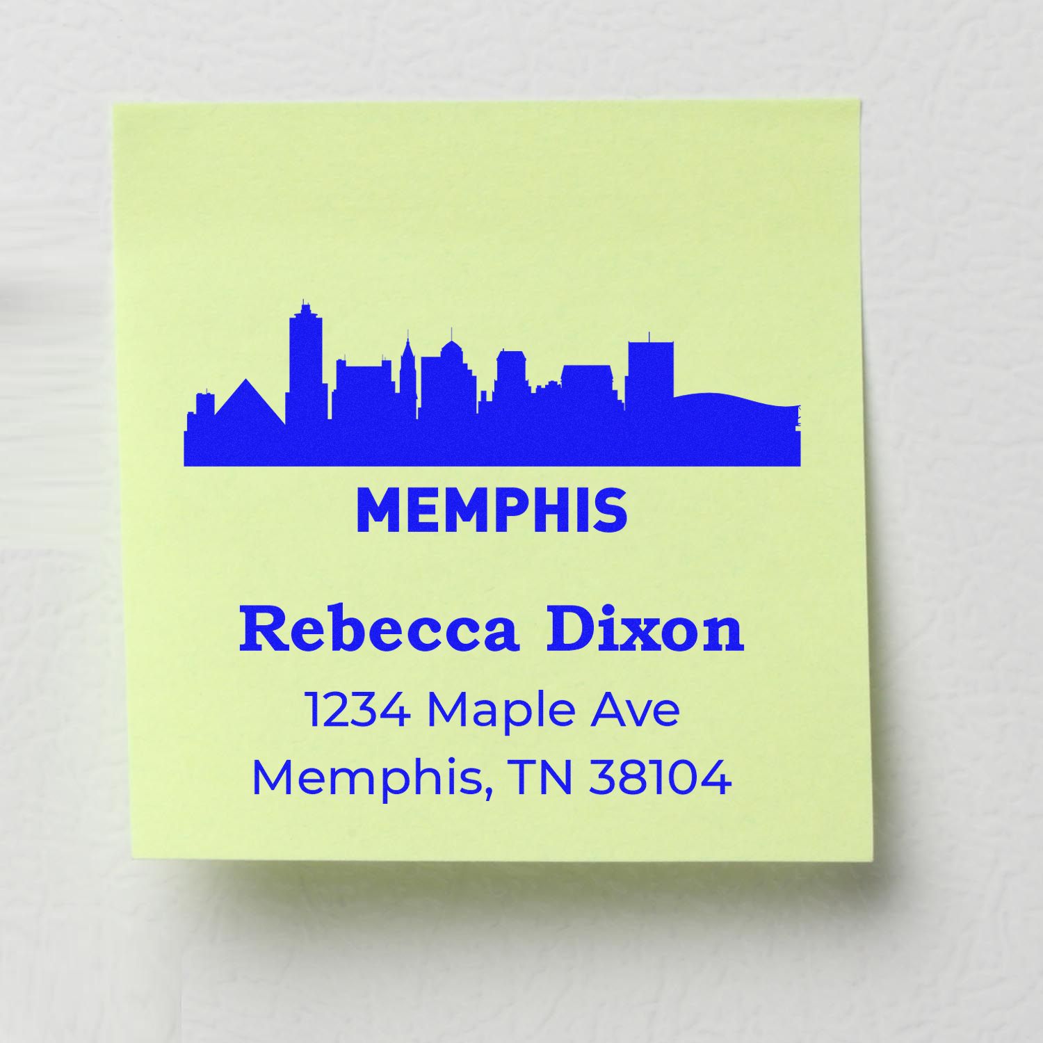 Custom Memphis skyline address rubber stamp with Rebecca Dixon, 1234 Maple Ave, Memphis, TN 38104.