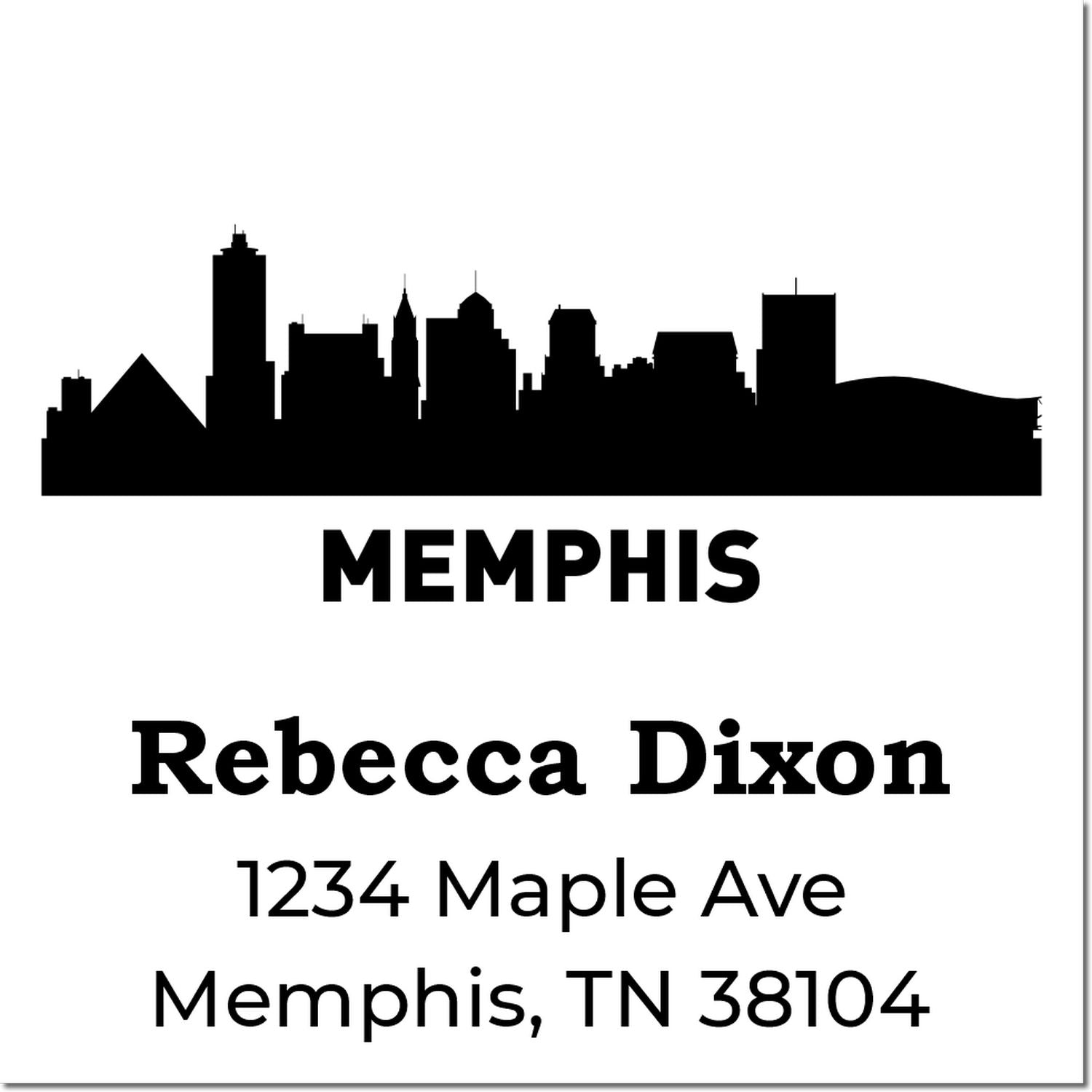 Memphis skyline return address rubber stamp with Rebecca Dixon, 1234 Maple Ave, Memphis, TN 38104.