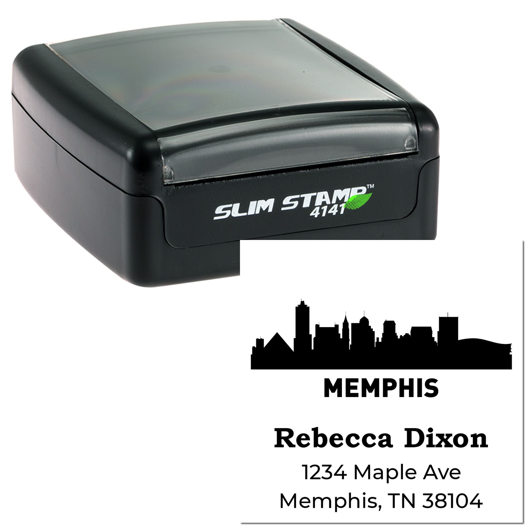 Custom Slim Stamp 4141 rubber stamp with Memphis skyline address imprint for Rebecca Dixon, 1234 Maple Ave, Memphis, TN 38104
