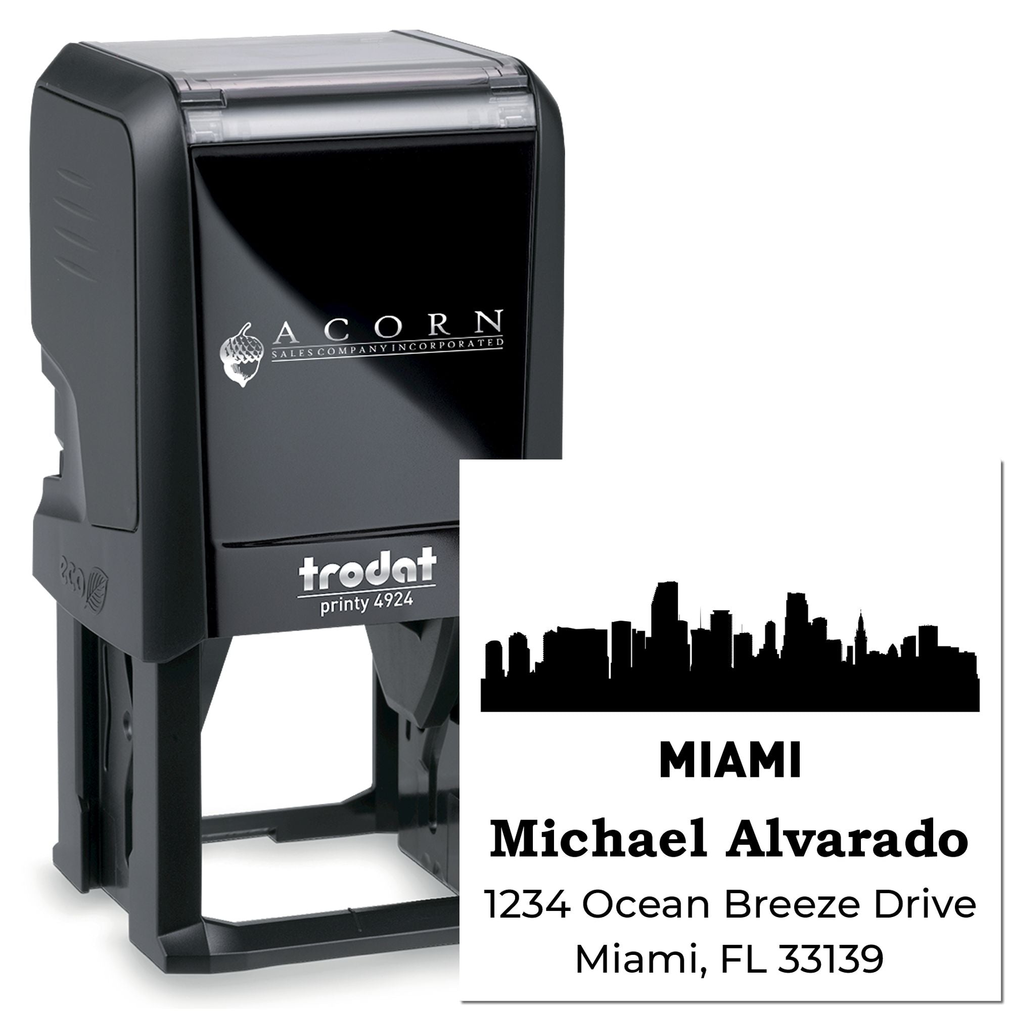 Custom self-inking rubber address stamp with Miami skyline, Michael Alvarado return address, Trodat Printy 4924.