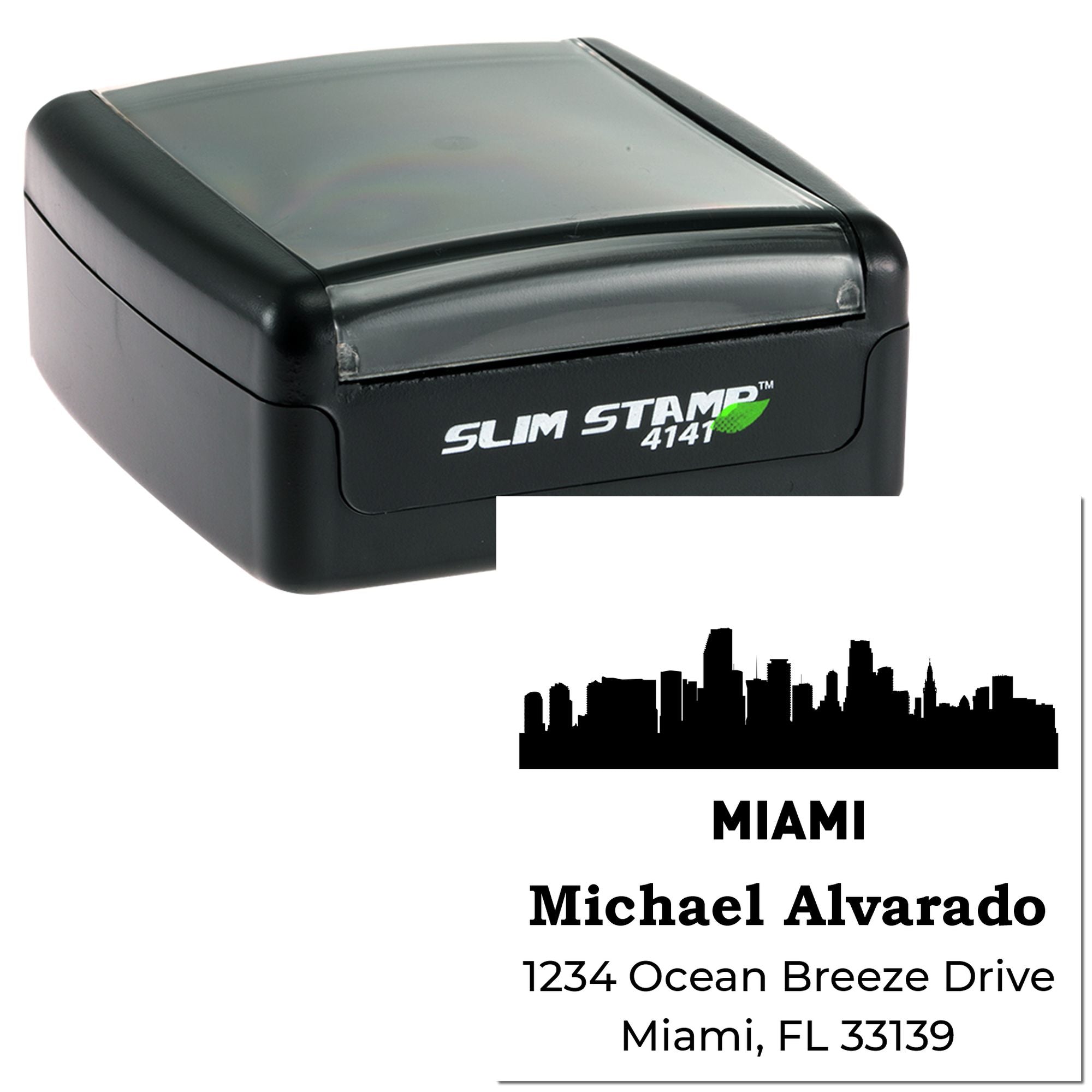 Custom Miami return address rubber stamp with skyline design and personalized name, street address, and ZIP code.