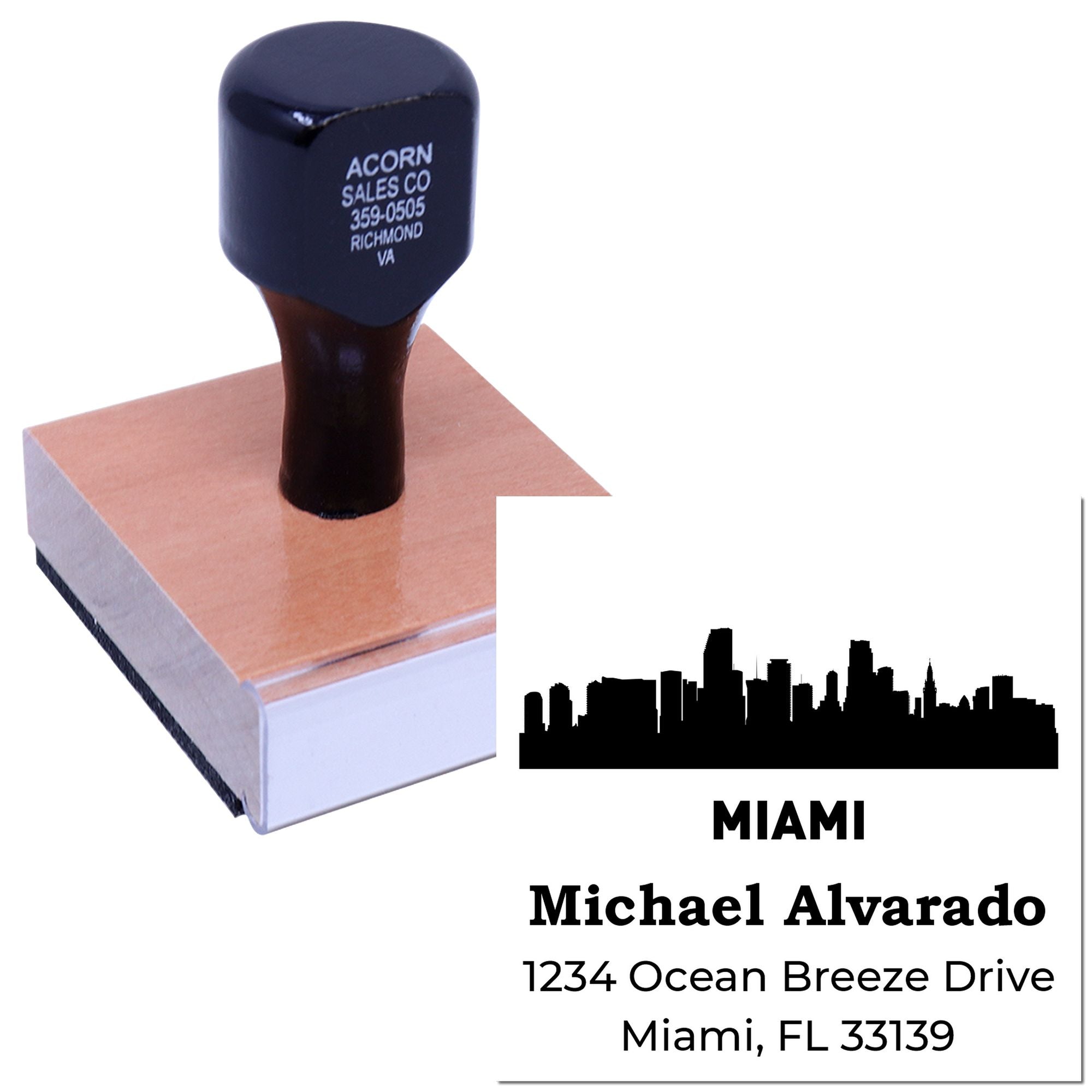 Custom Miami address rubber stamp with skyline design and return mailing details for business or personal envelopes.