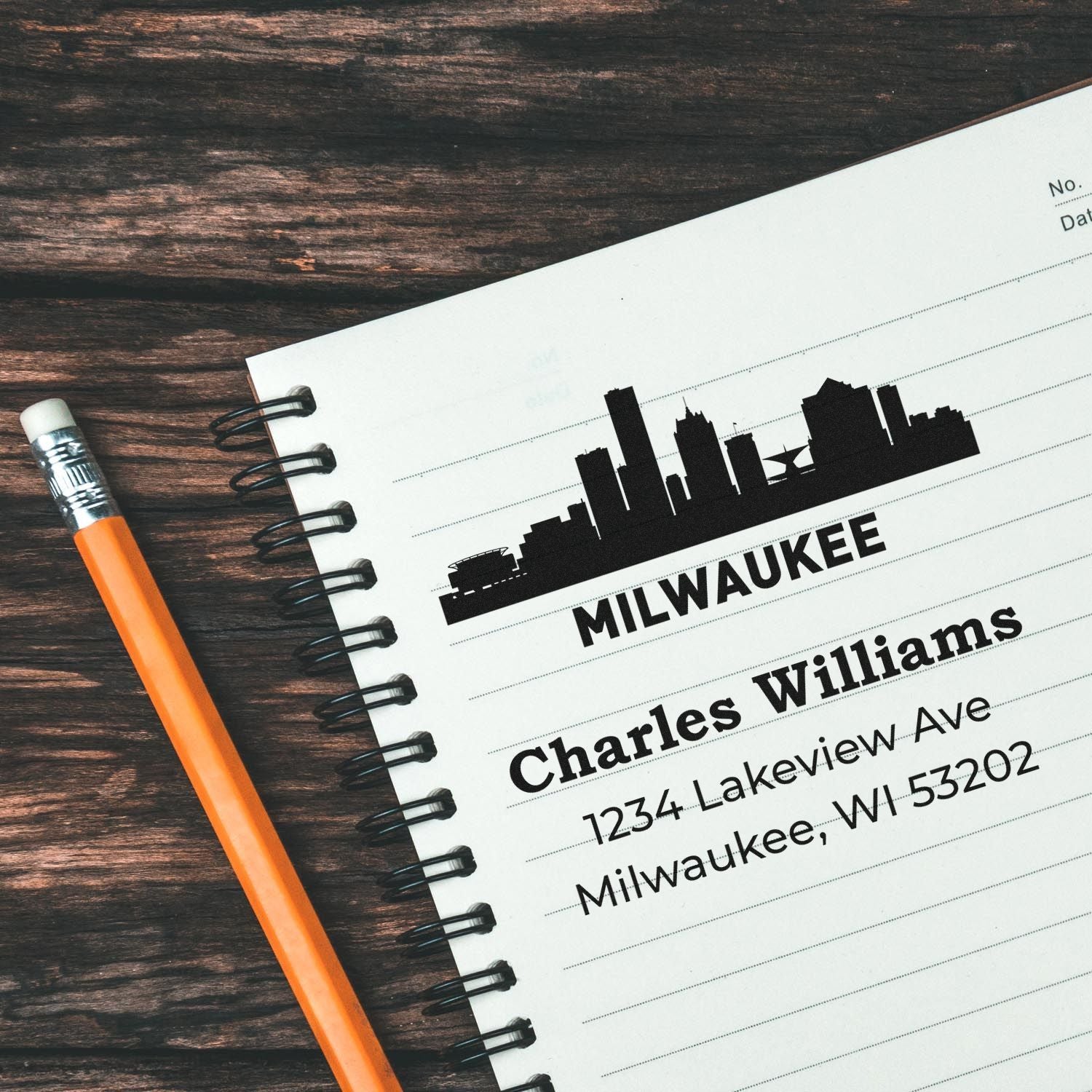 Custom Milwaukee address rubber stamp with skyline design for personalized mailing and stationery use