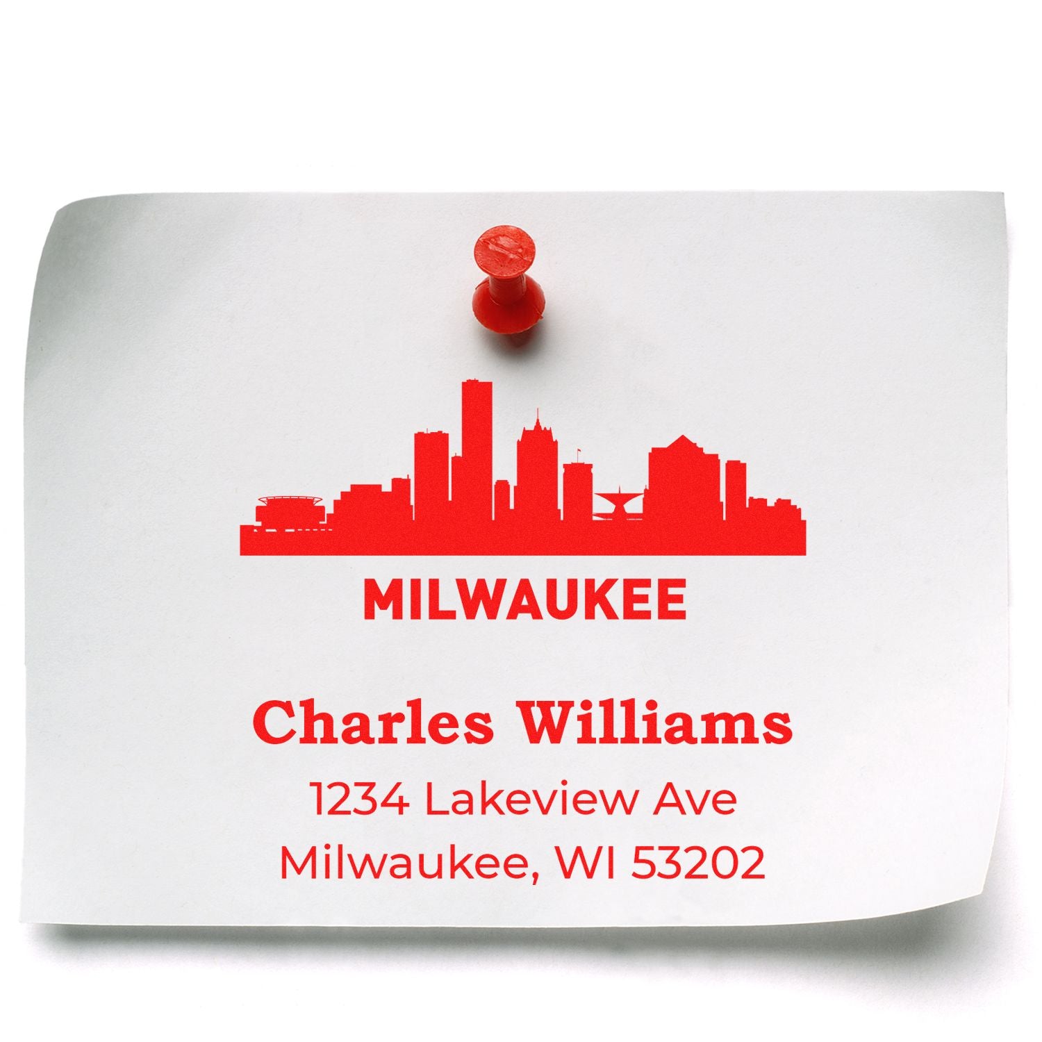 Custom Milwaukee rubber stamp with skyline logo, Charles Williams name, and return address for mail and business correspondence.