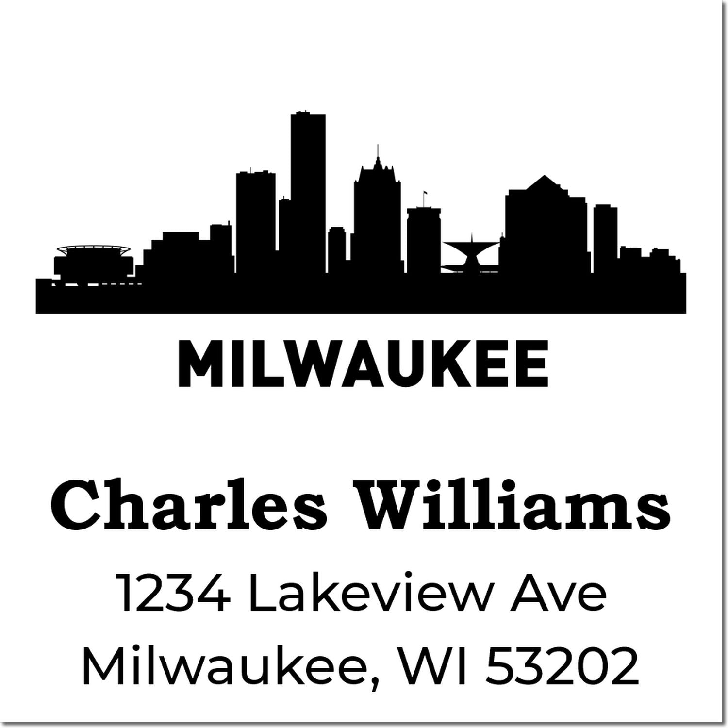 Milwaukee skyline custom rubber stamp with Charles Williams name and address, personalized return address stamp