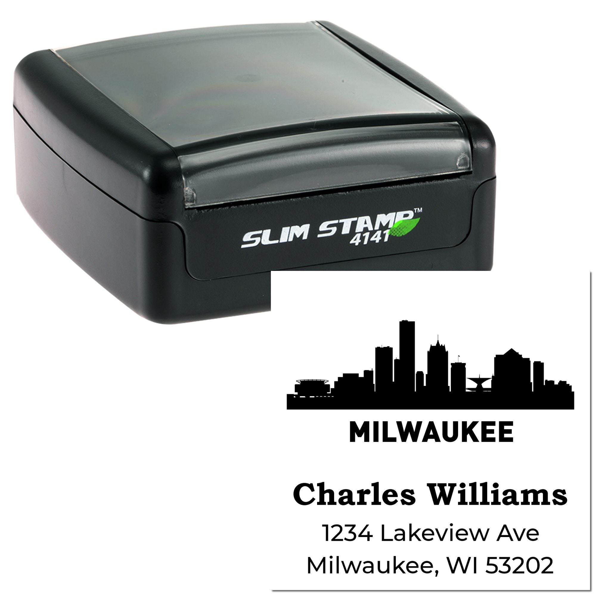 Custom self-inking rubber stamp with Milwaukee skyline return address imprint for personalized mailing and business use.
