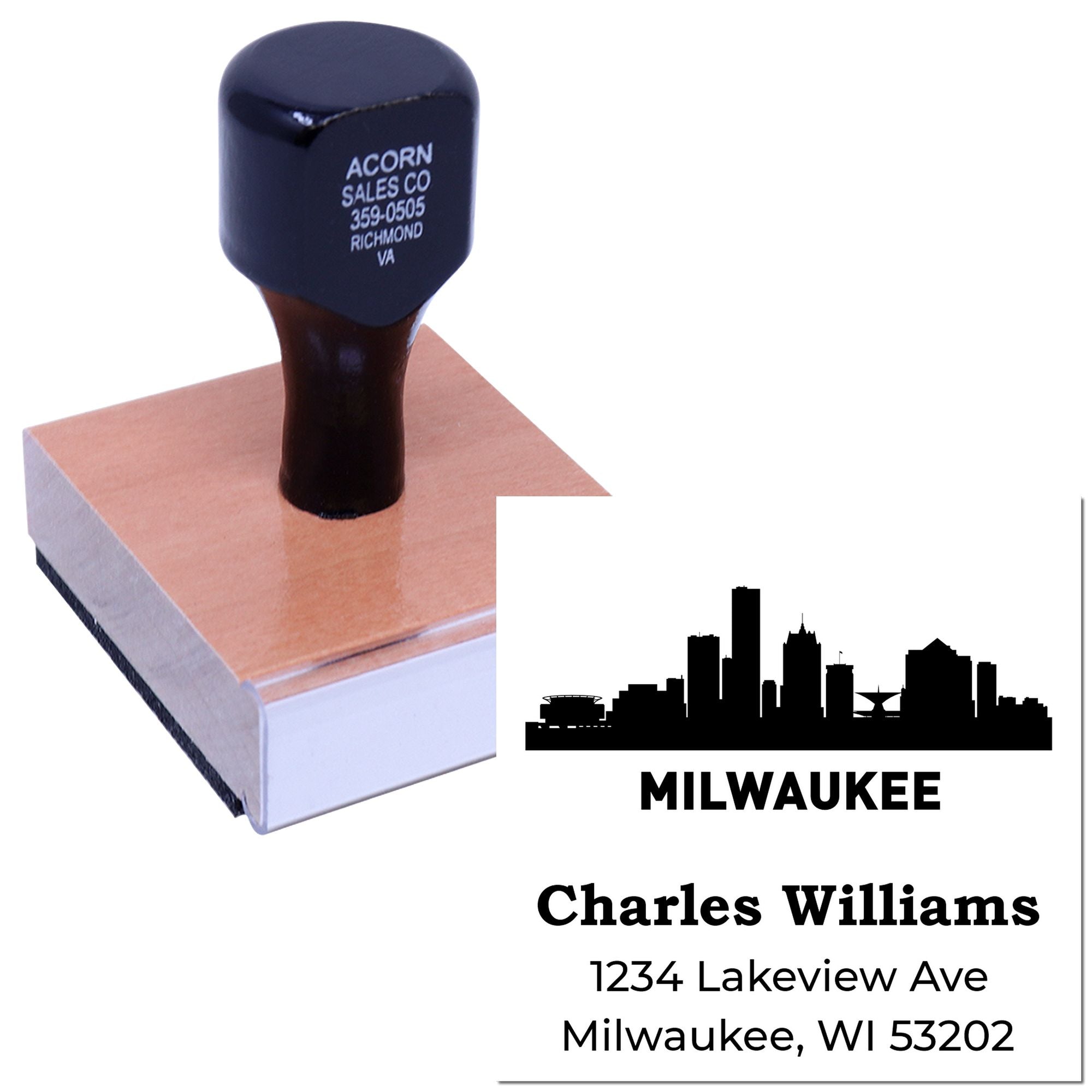 Custom Milwaukee address rubber stamp with skyline logo for business mailing and branding.