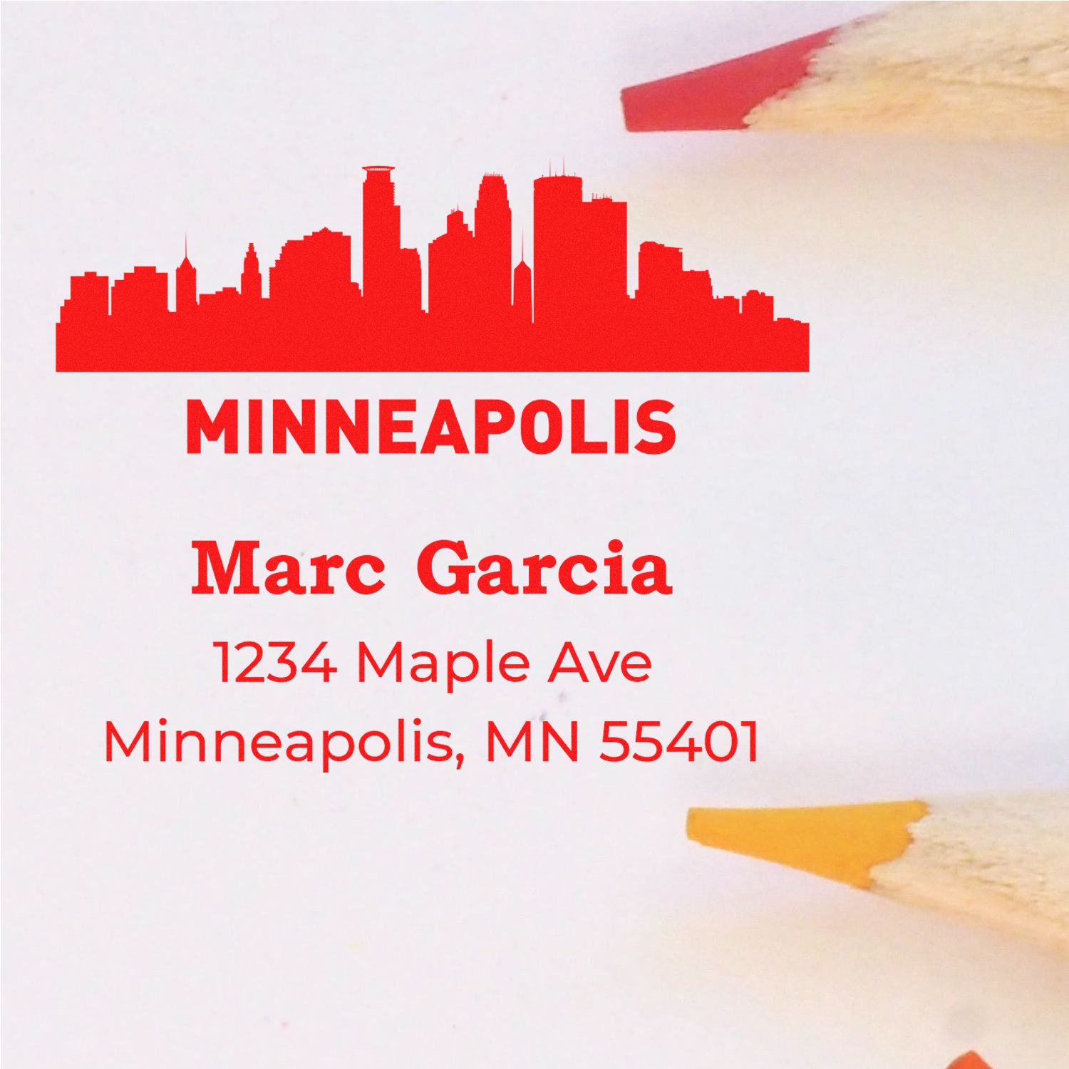 Custom Minneapolis rubber address stamp with skyline, Marc Garcia, 1234 Maple Ave, Minneapolis, MN 55401