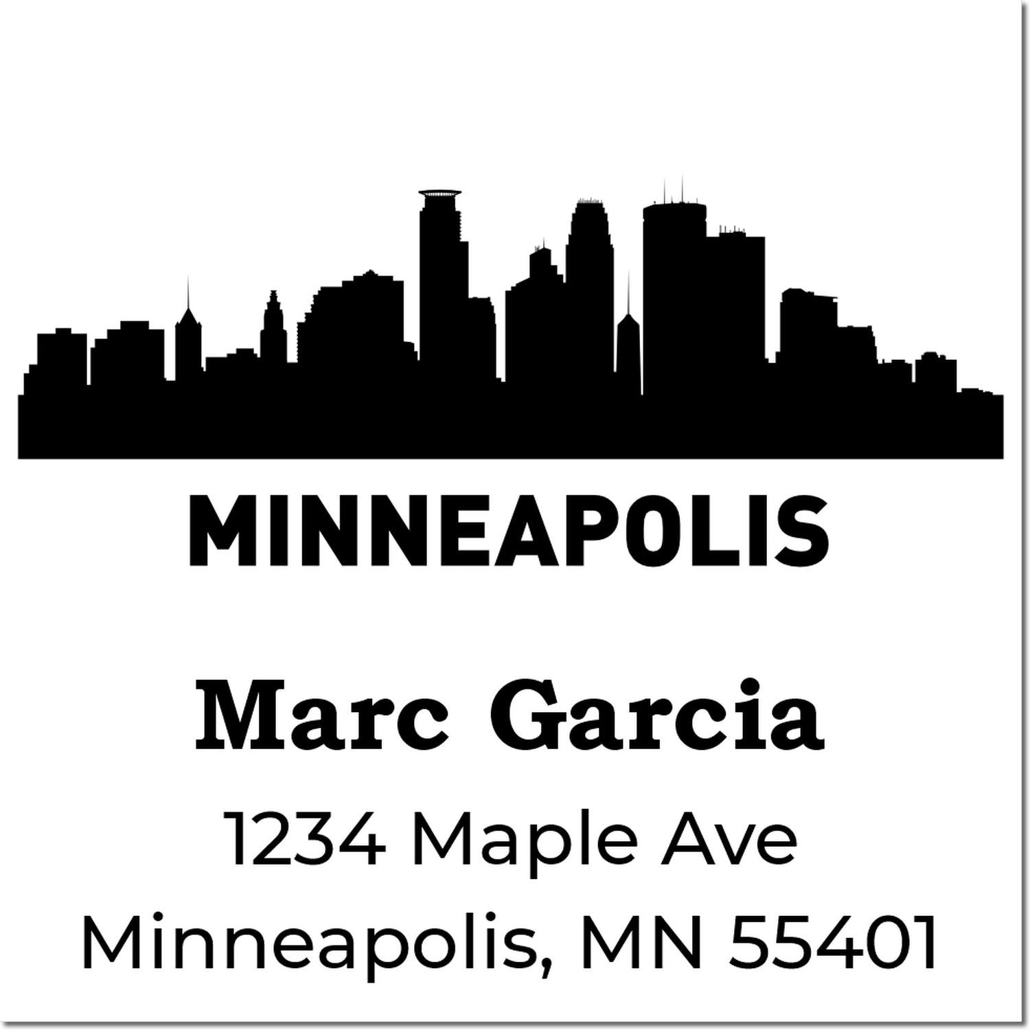 Minneapolis address rubber stamp with skyline silhouette, Marc Garcia, 1234 Maple Ave, Minneapolis, MN 55401