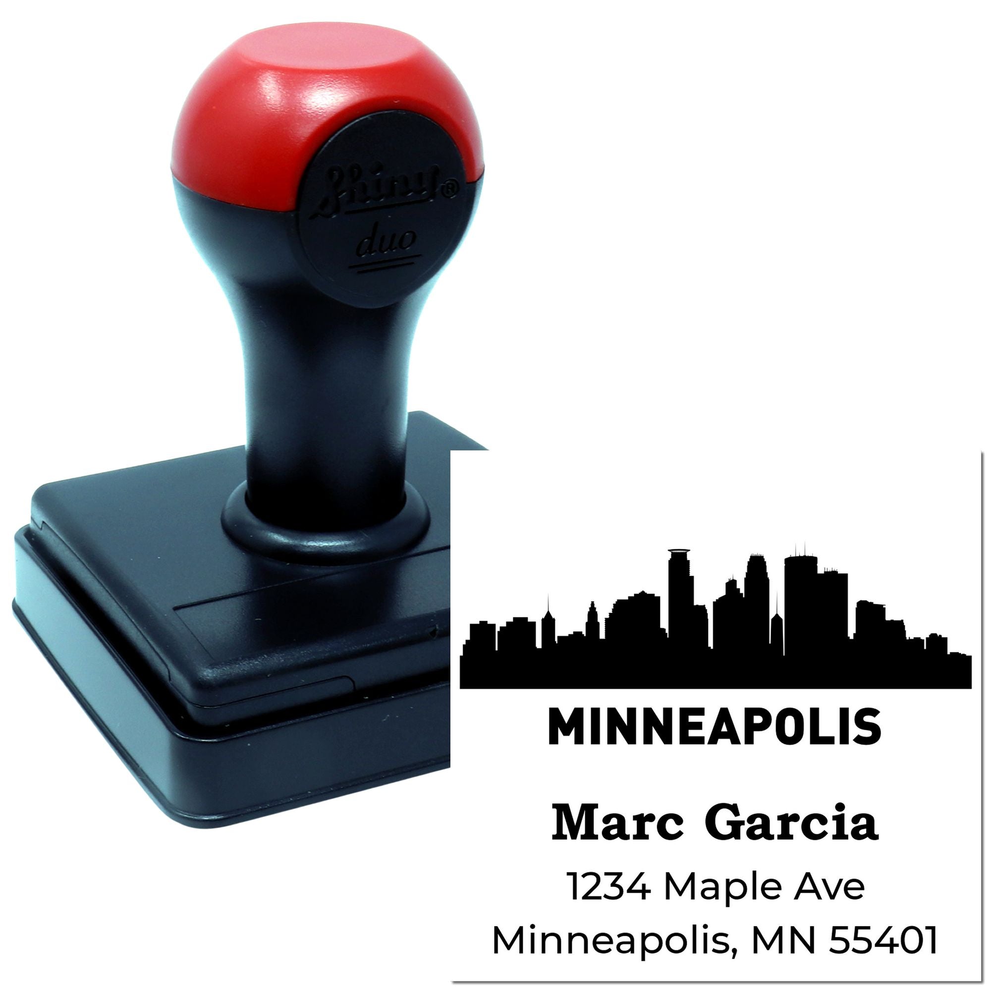 Custom self-inking rubber stamp with Minneapolis skyline, name, and address for personalized return address mail.