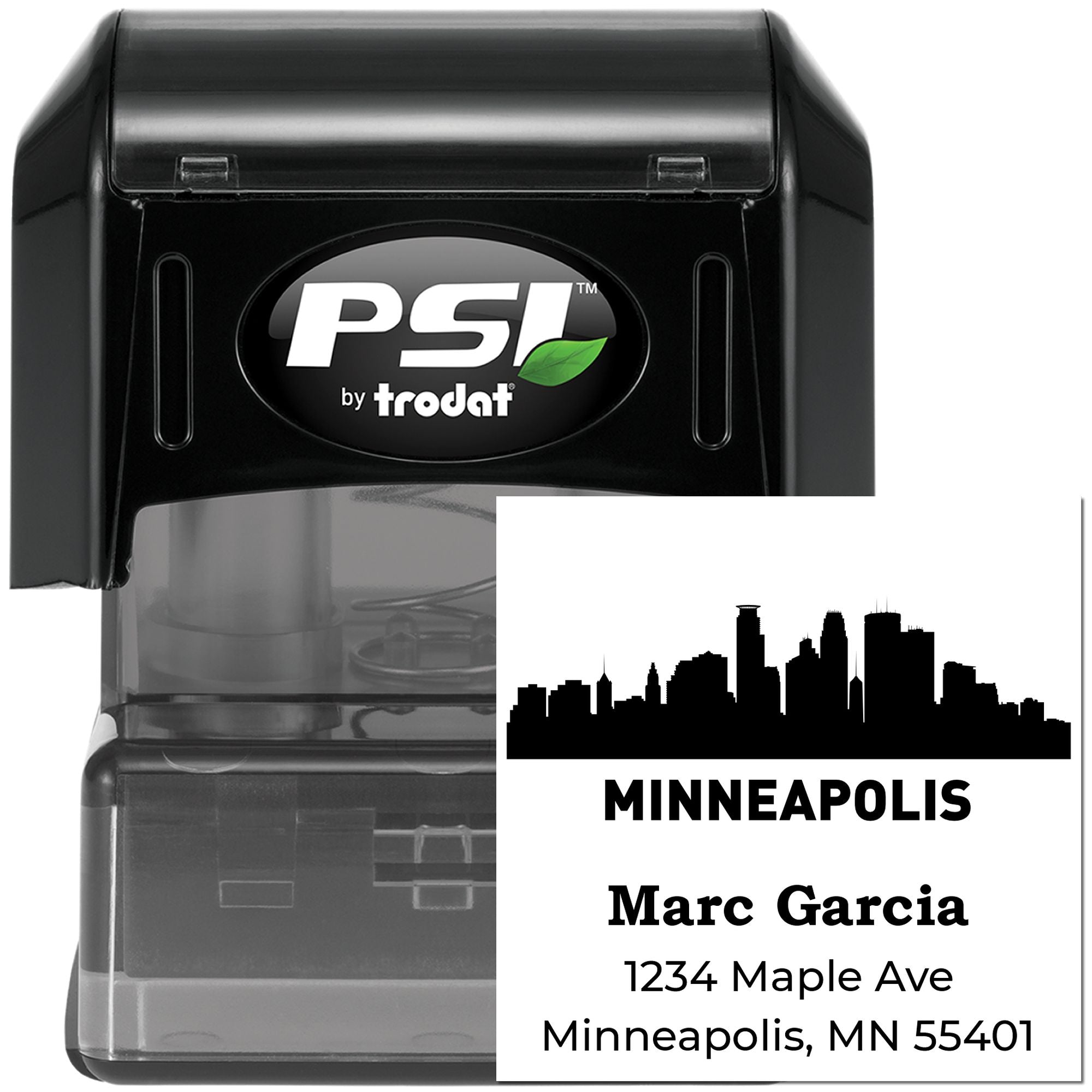 Custom Minneapolis skyline address rubber stamp for PSI by Trodat self-inking stamps, featuring Marc Garcia and mailing address.