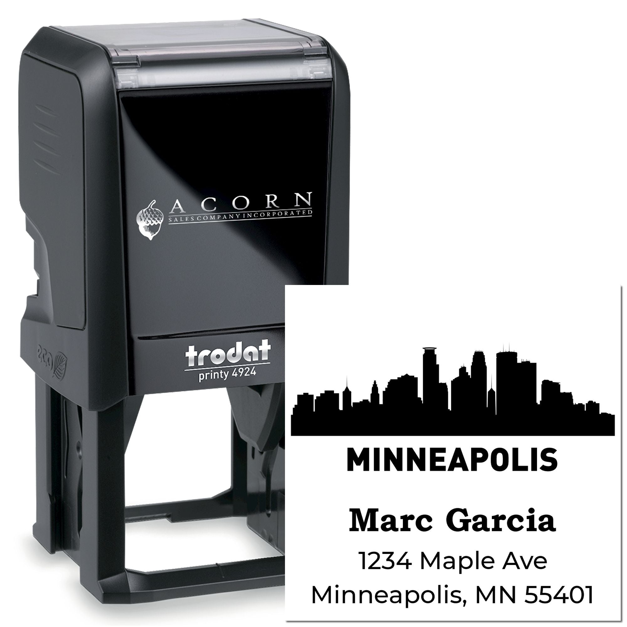 Custom self-inking rubber stamp with Minneapolis skyline and address, Trodat Printy 4924 personalized business stamp.