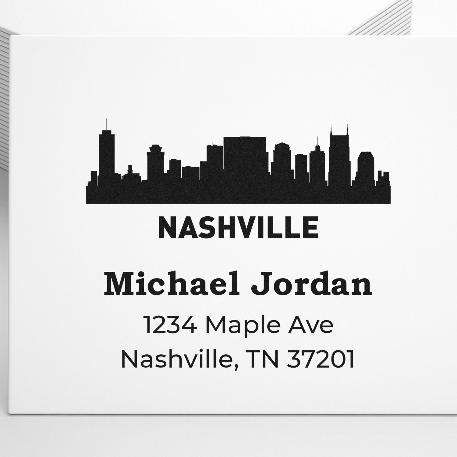 Custom Nashville skyline return address rubber stamp with Michael Jordan name and address
