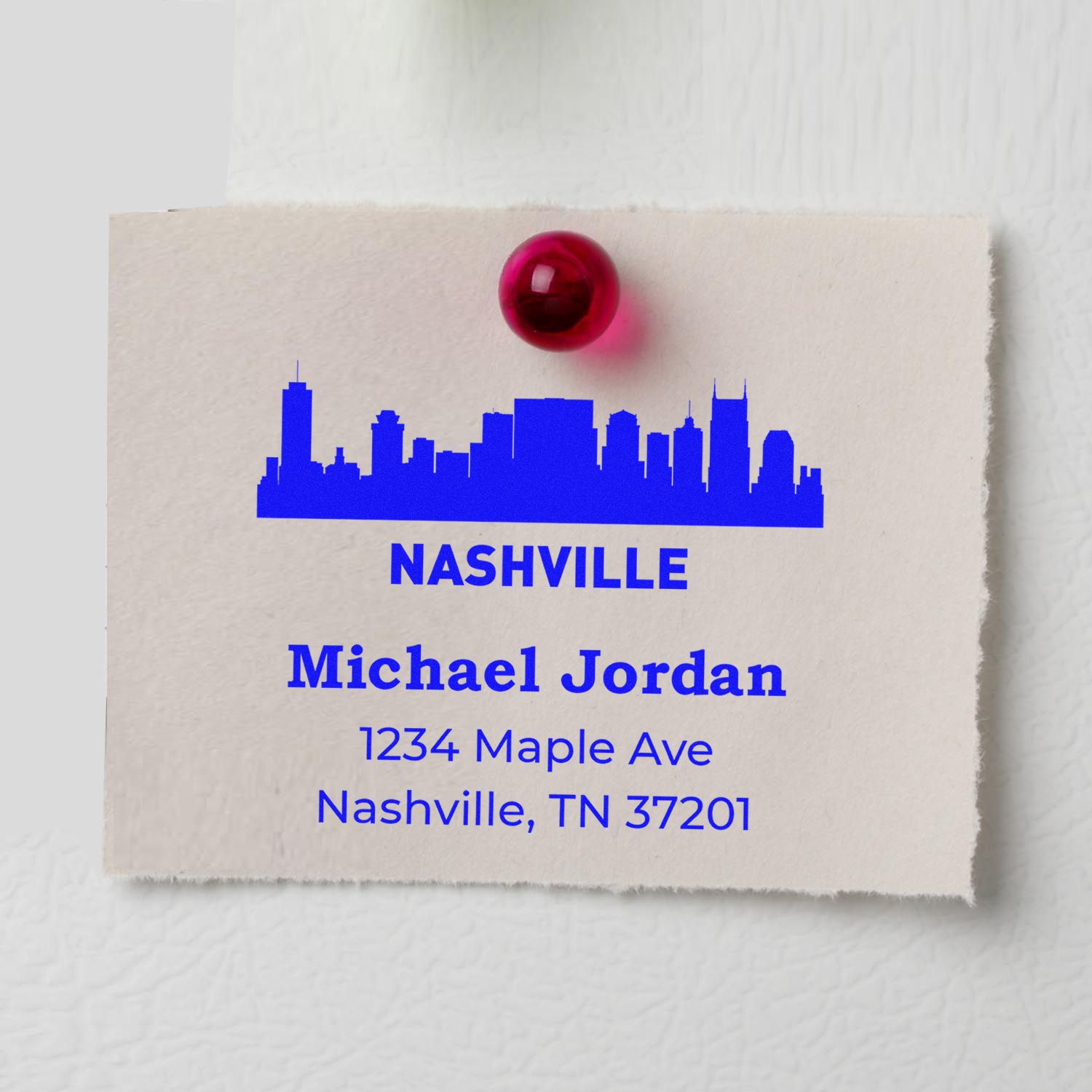 Custom Nashville address rubber stamp with skyline design for Michael Jordan, featuring name and mailing address.
