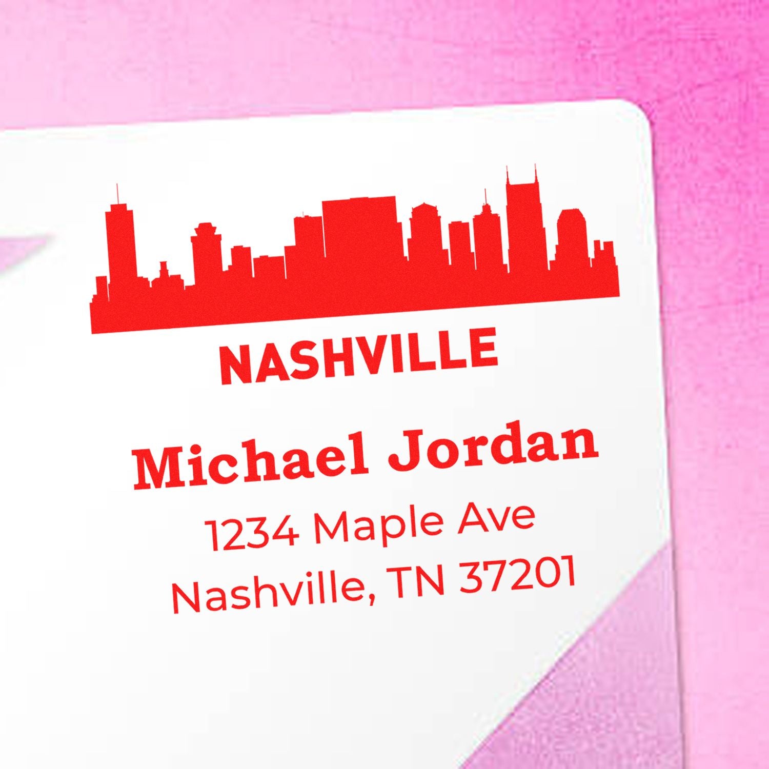 Custom Nashville skyline return address rubber stamp with personalized name and address for mailing.