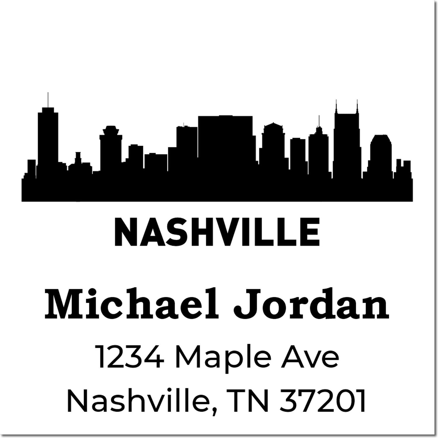 Custom Nashville skyline return address stamp with Michael Jordan, 1234 Maple Ave, Nashville, TN 37201.