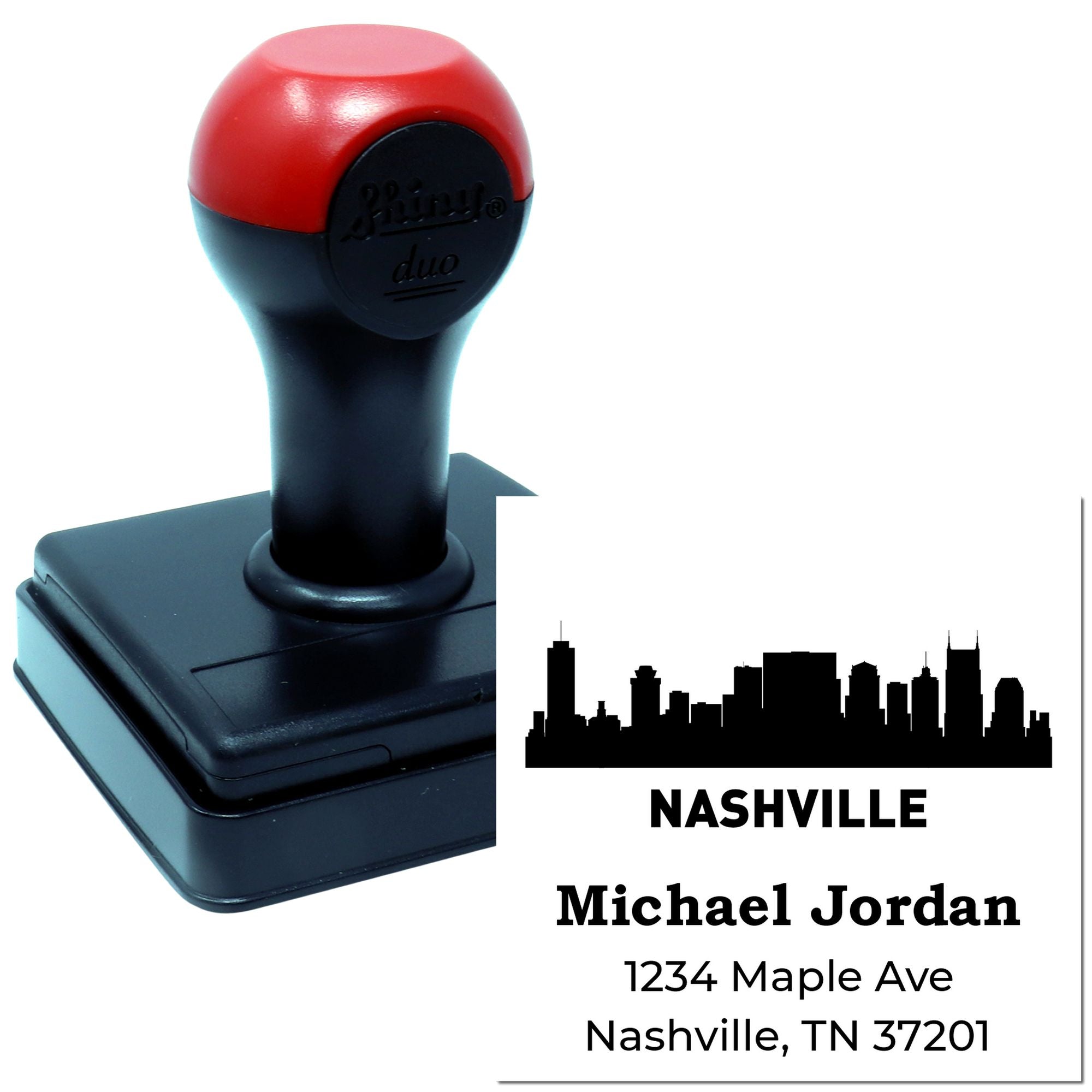 Custom self-inking address rubber stamp with Nashville skyline design and personalized name for return mail.