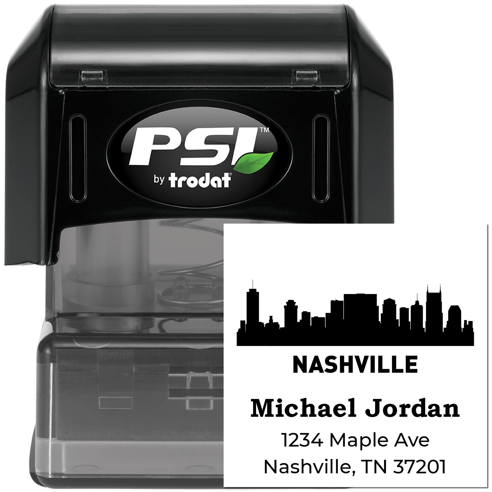 Custom self-inking rubber stamp by PSI Trodat with Nashville skyline and personalized return address design.