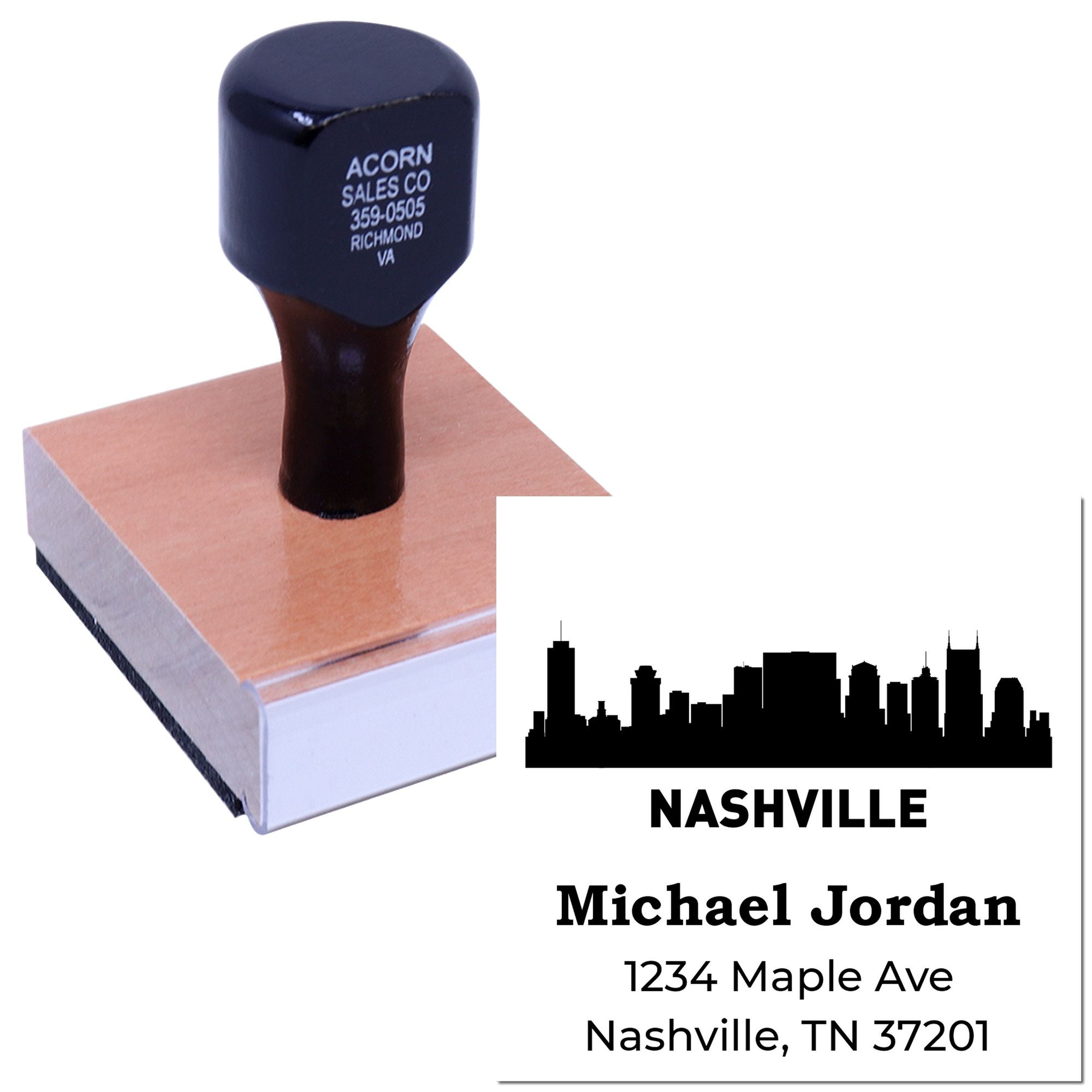 Custom self-inking address rubber stamp with Nashville skyline and personalized name and mailing address.