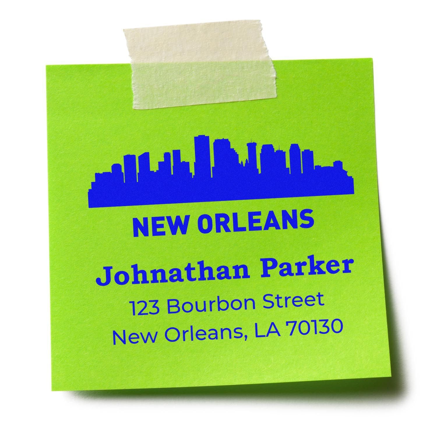 Custom New Orleans return address rubber stamp for Johnathan Parker, 123 Bourbon Street, New Orleans, LA 70130.