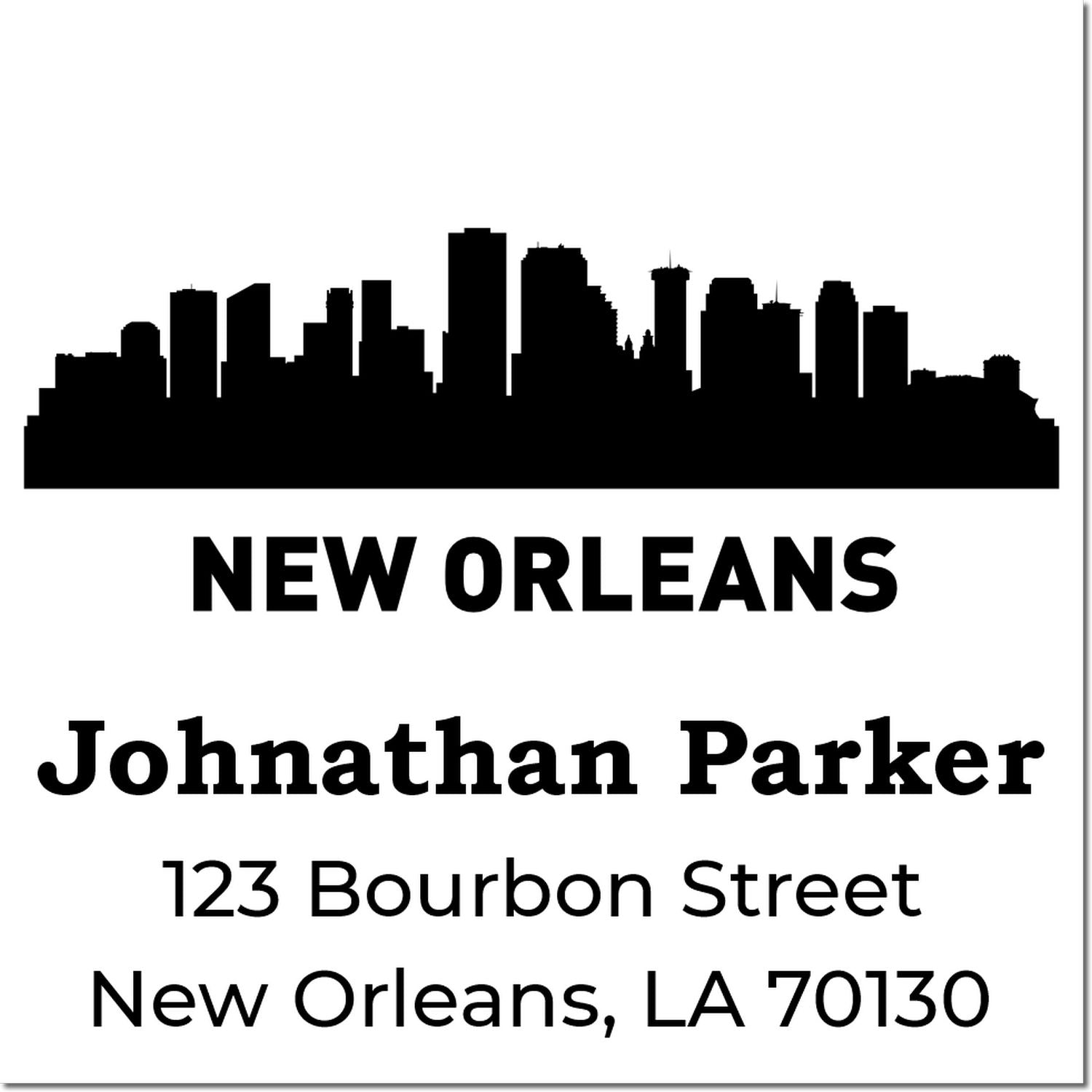 New Orleans skyline personalized address rubber stamp with Jonathan Parker, 123 Bourbon Street, New Orleans, LA 70130