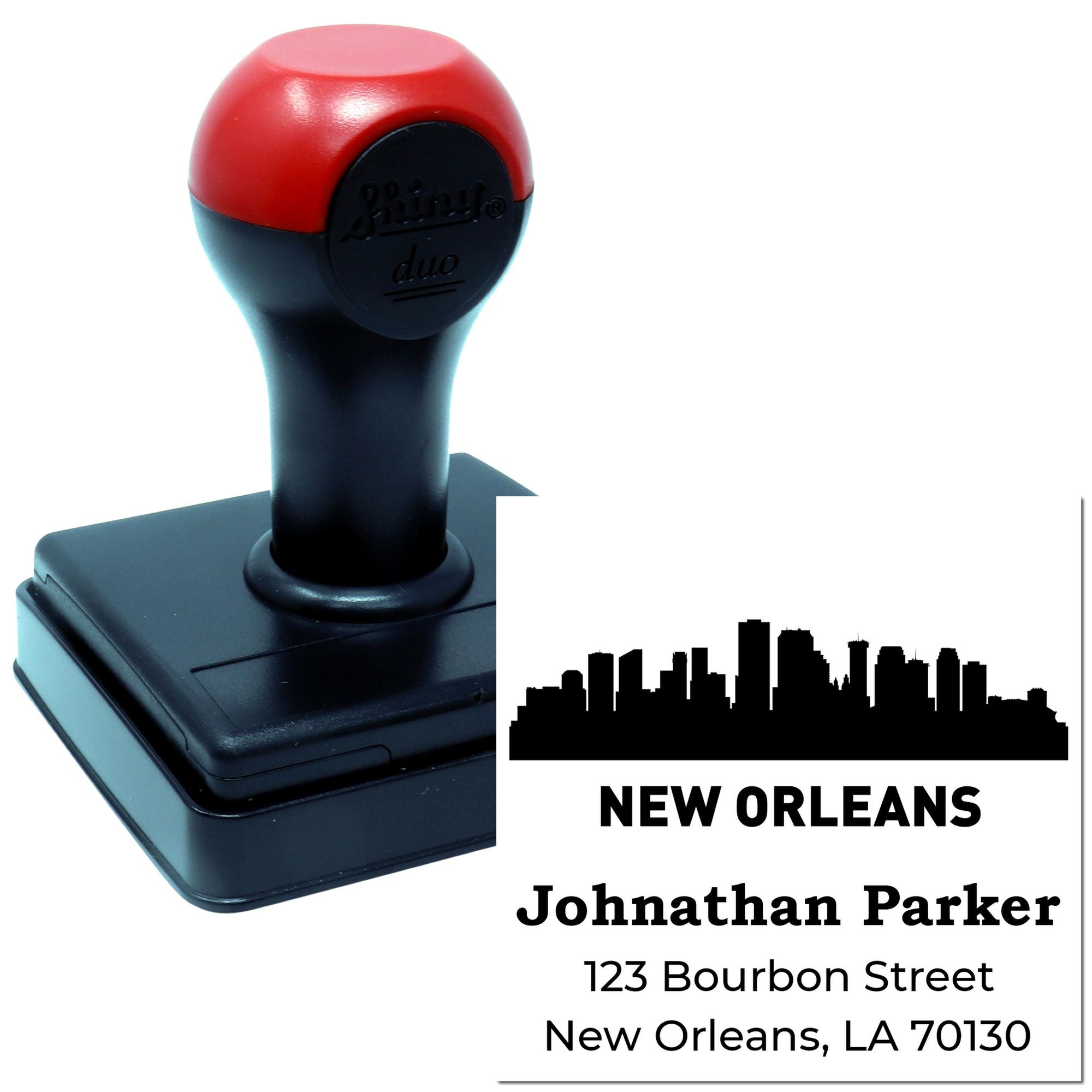 Custom self-inking return address rubber stamp with New Orleans skyline, name, street address, and ZIP code.