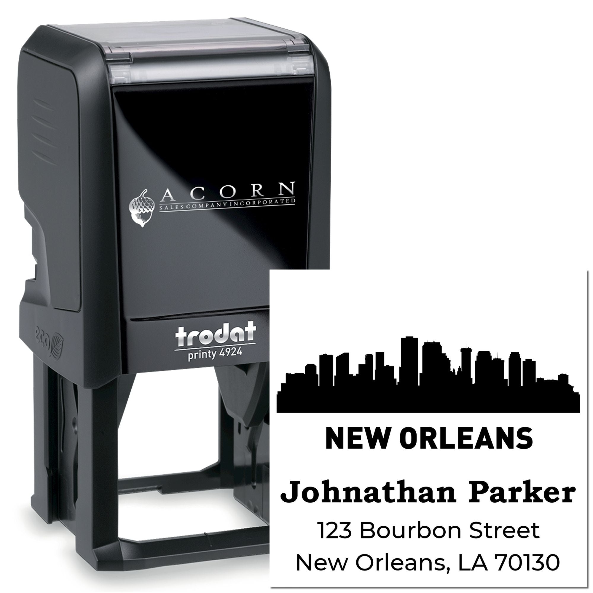 Custom self-inking rubber address stamp, Trodat Printy 4924, featuring New Orleans skyline and personalized mailing details.