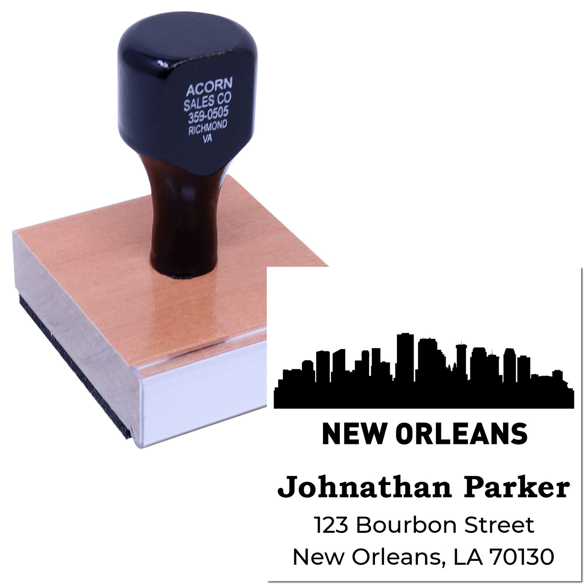 Custom New Orleans return address rubber stamp with skyline design for personalized mailing and business use.