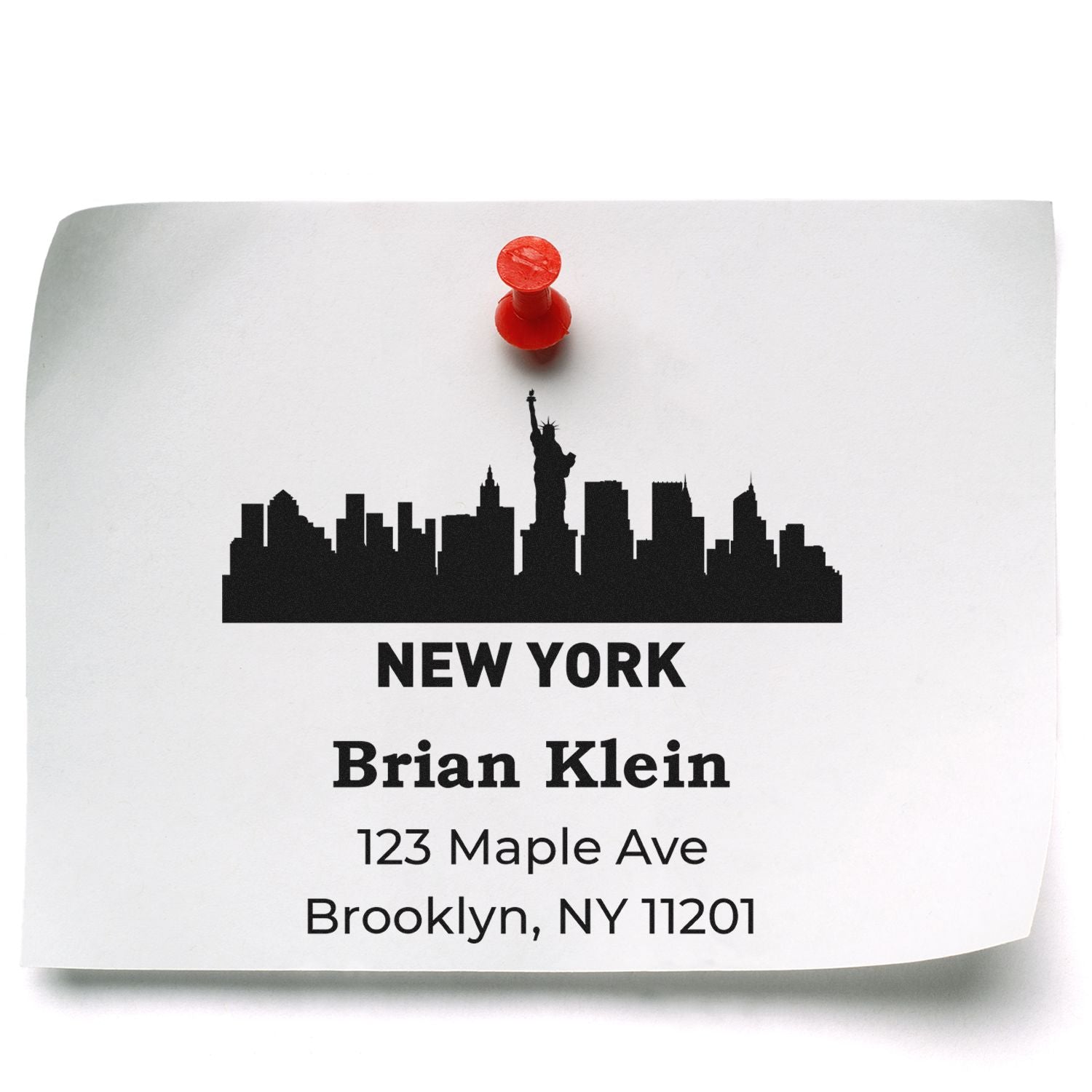Custom New York address rubber stamp with skyline, Statue of Liberty, and Brian Klein mailing address for envelopes.