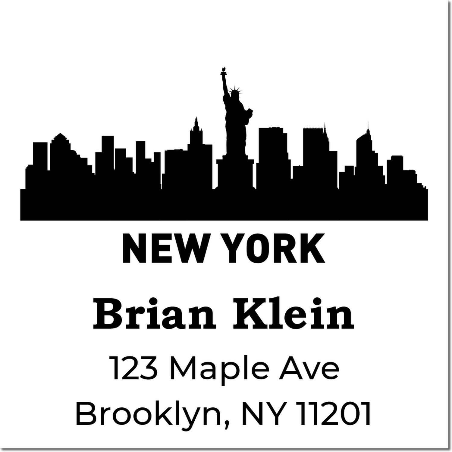 Custom New York rubber address stamp with skyline, Statue of Liberty, and return address for Brian Klein, Brooklyn, NY 11201.