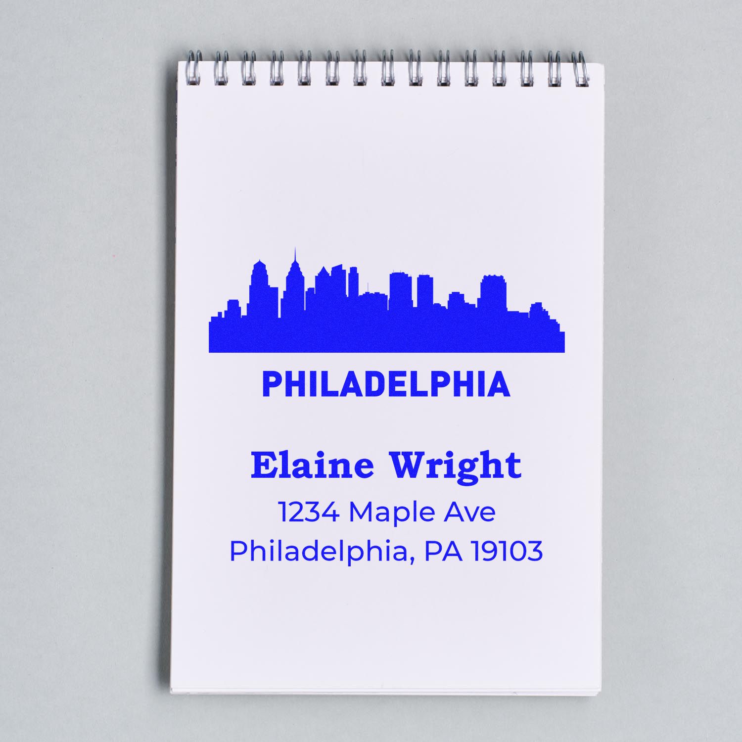 Custom Philadelphia skyline return address rubber stamp for Elaine Wright, 1234 Maple Ave, Philadelphia, PA 19103