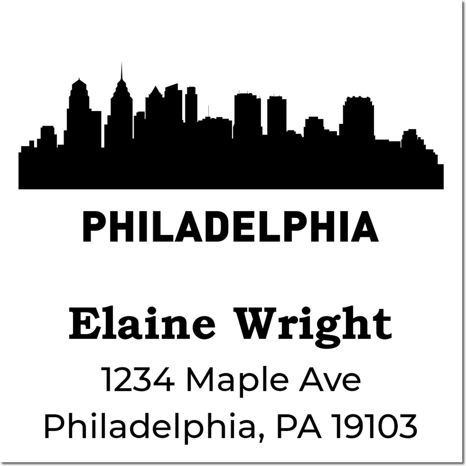 Custom Philadelphia address stamp with skyline silhouette, Elaine Wright, 1234 Maple Ave, Philadelphia, PA 19103.
