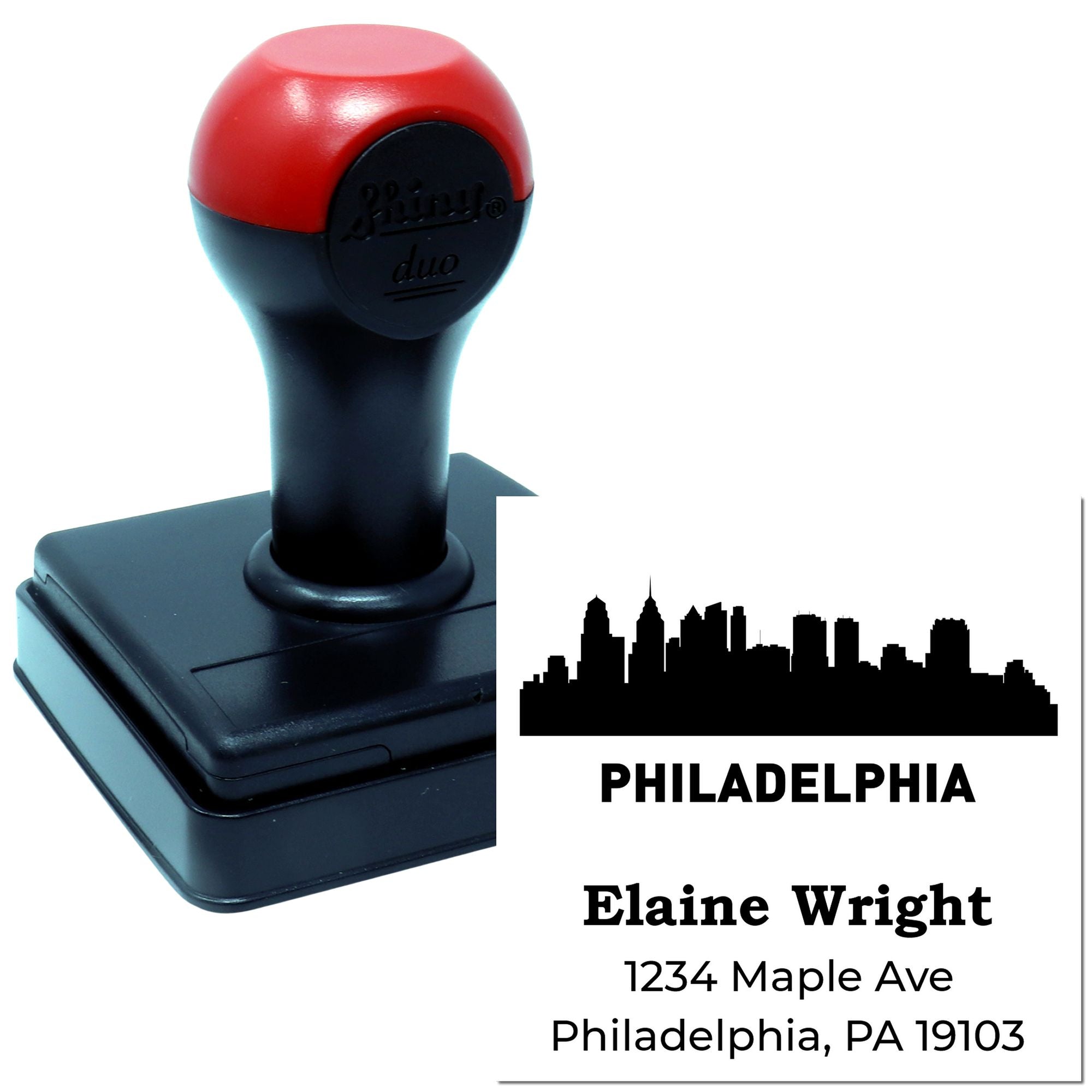 Custom Philadelphia address rubber stamp with skyline design for envelopes, featuring Elaine Wright and 1234 Maple Ave, PA 19103.