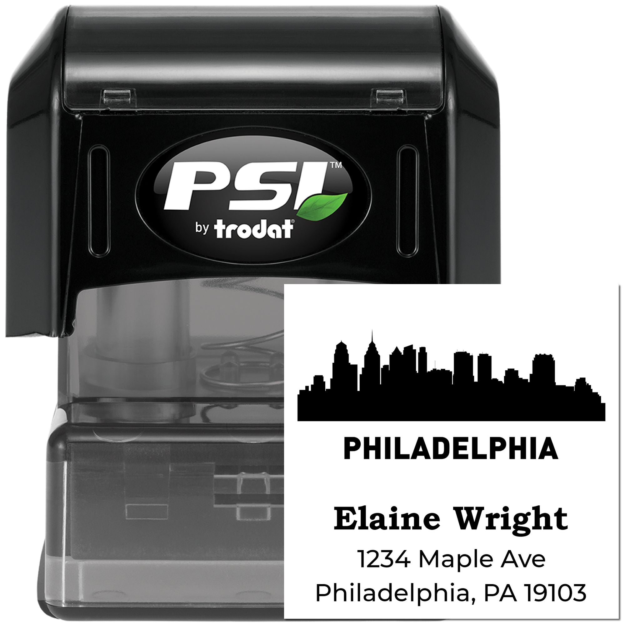 Custom self-inking rubber stamp with Philadelphia skyline, name, and address for business mailing and branding