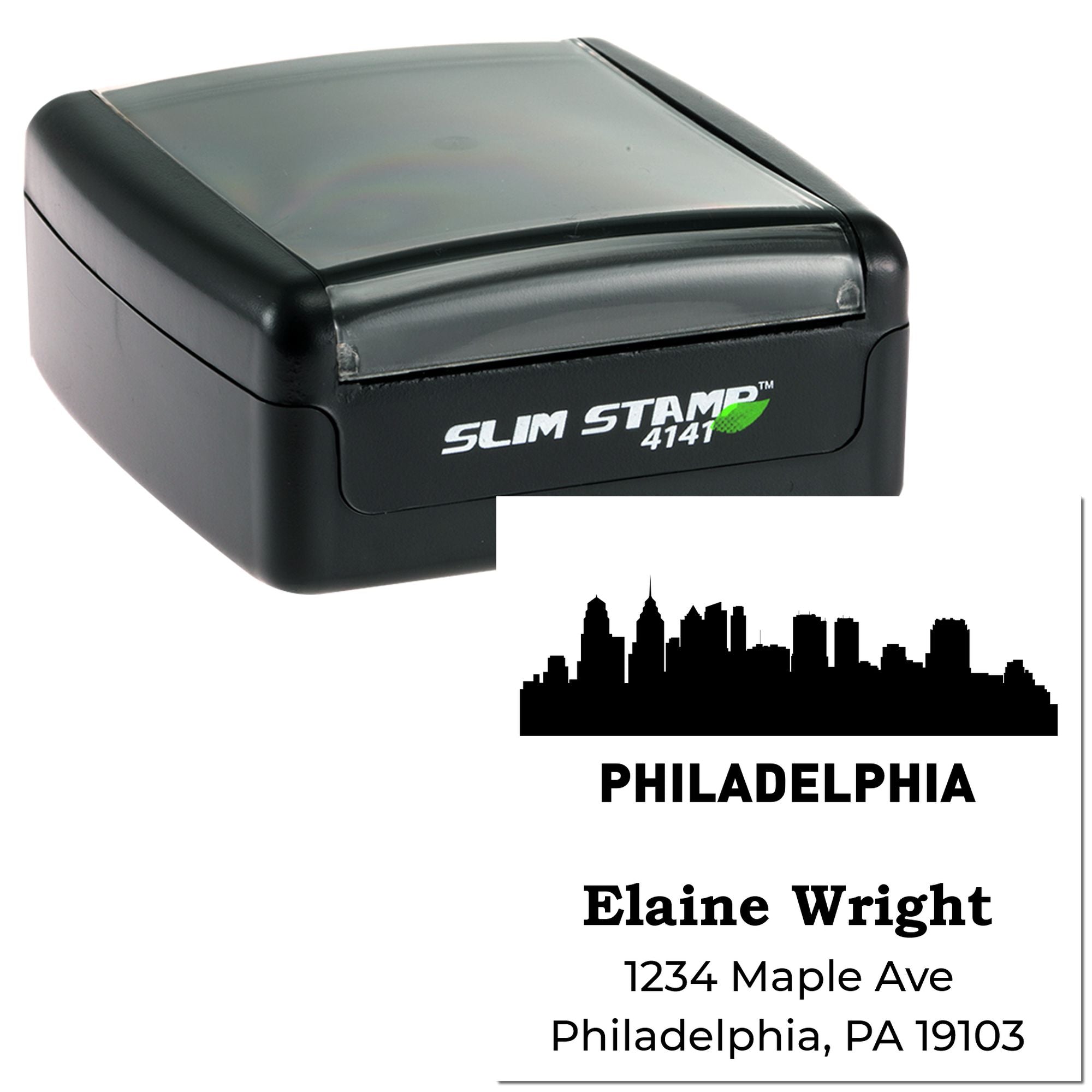Personalized Philadelphia address rubber stamp with skyline design, Elaine Wright name, and 1234 Maple Ave address.