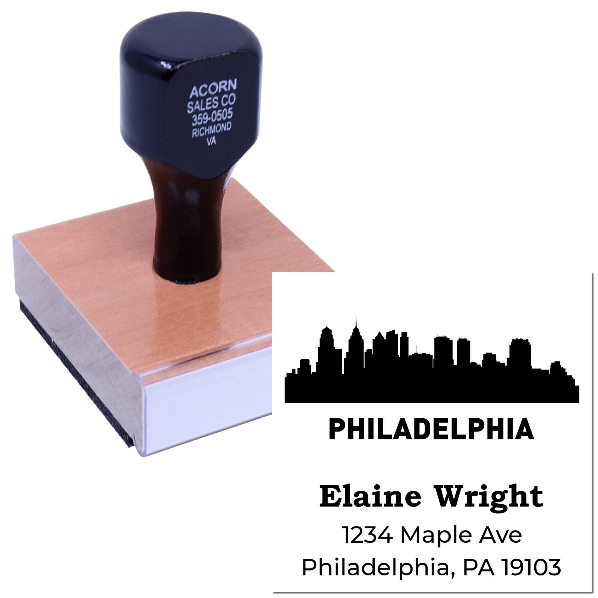 Custom Philadelphia skyline address rubber stamp with name and mailing address for business or personal stationery