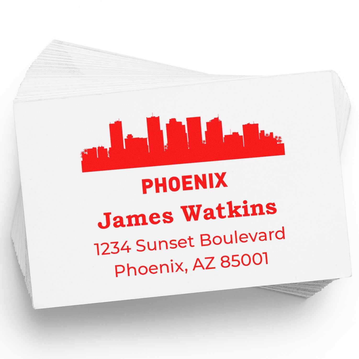 Custom Phoenix address rubber stamp with skyline design, James Watkins name, and return address for mailing.
