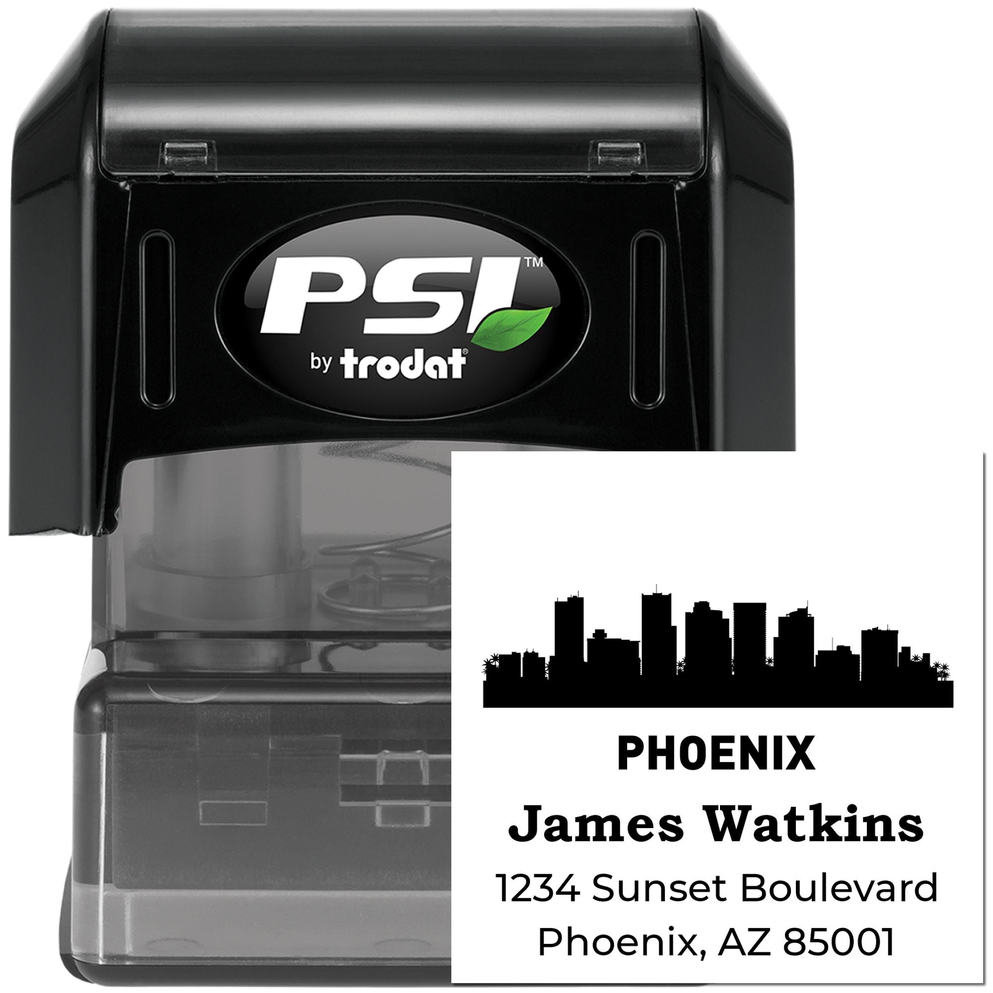 Custom self-inking address stamp by PSI Trodat with Phoenix skyline and James Watkins return address.