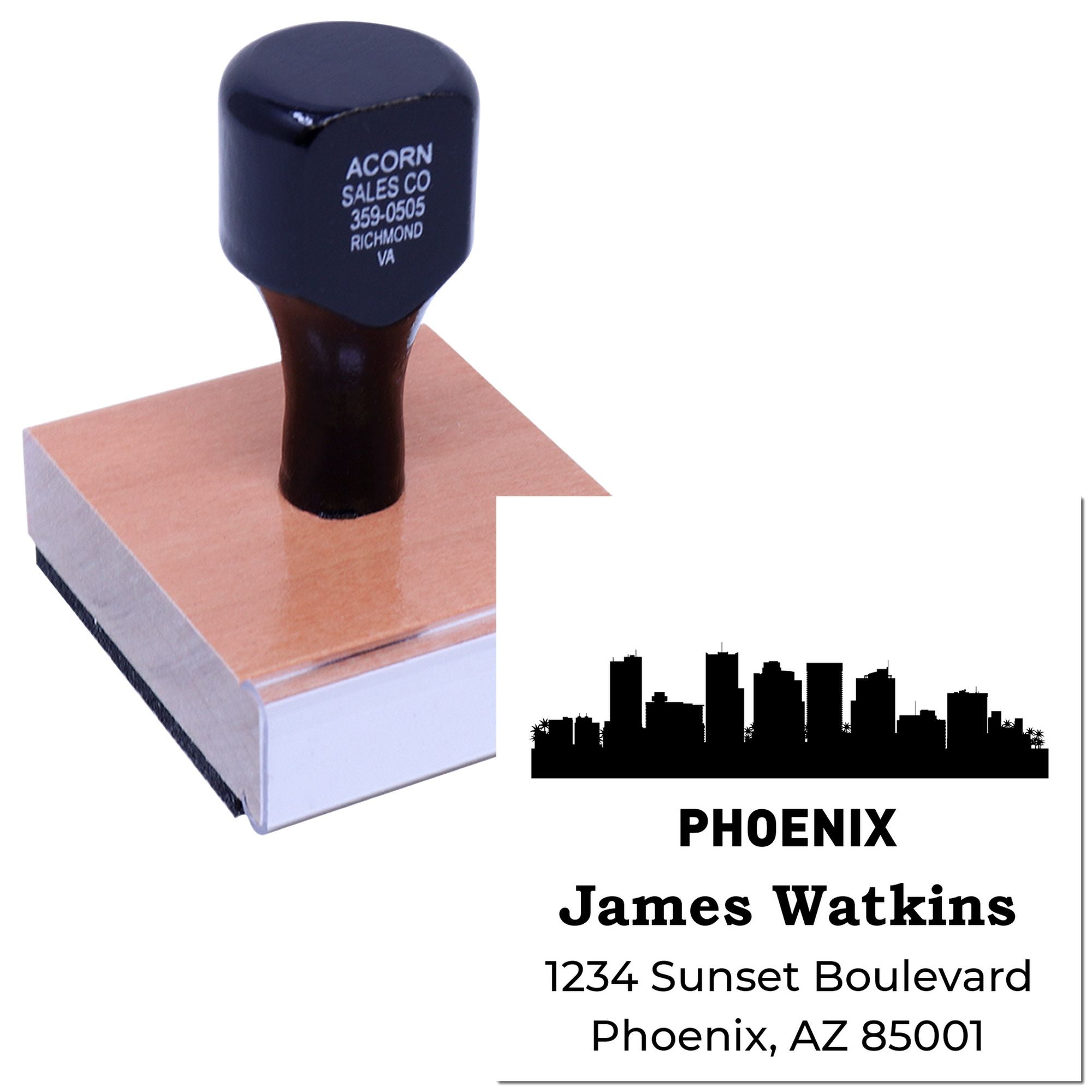 Custom Phoenix address rubber stamp with skyline logo for James Watkins, 1234 Sunset Boulevard, AZ 85001
