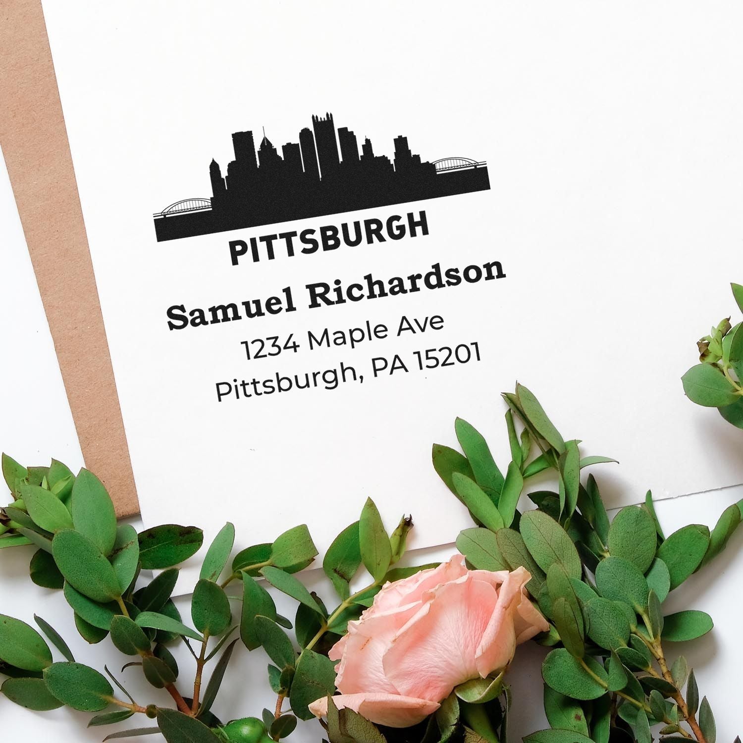 Personalized Pittsburgh skyline return address rubber stamp for custom envelopes, wedding invitations, or business mailings.