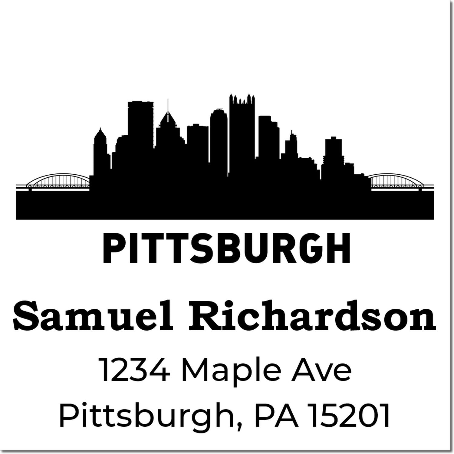 Custom Pittsburgh skyline return address rubber stamp for Samuel Richardson, 1234 Maple Ave, Pittsburgh, PA 15201