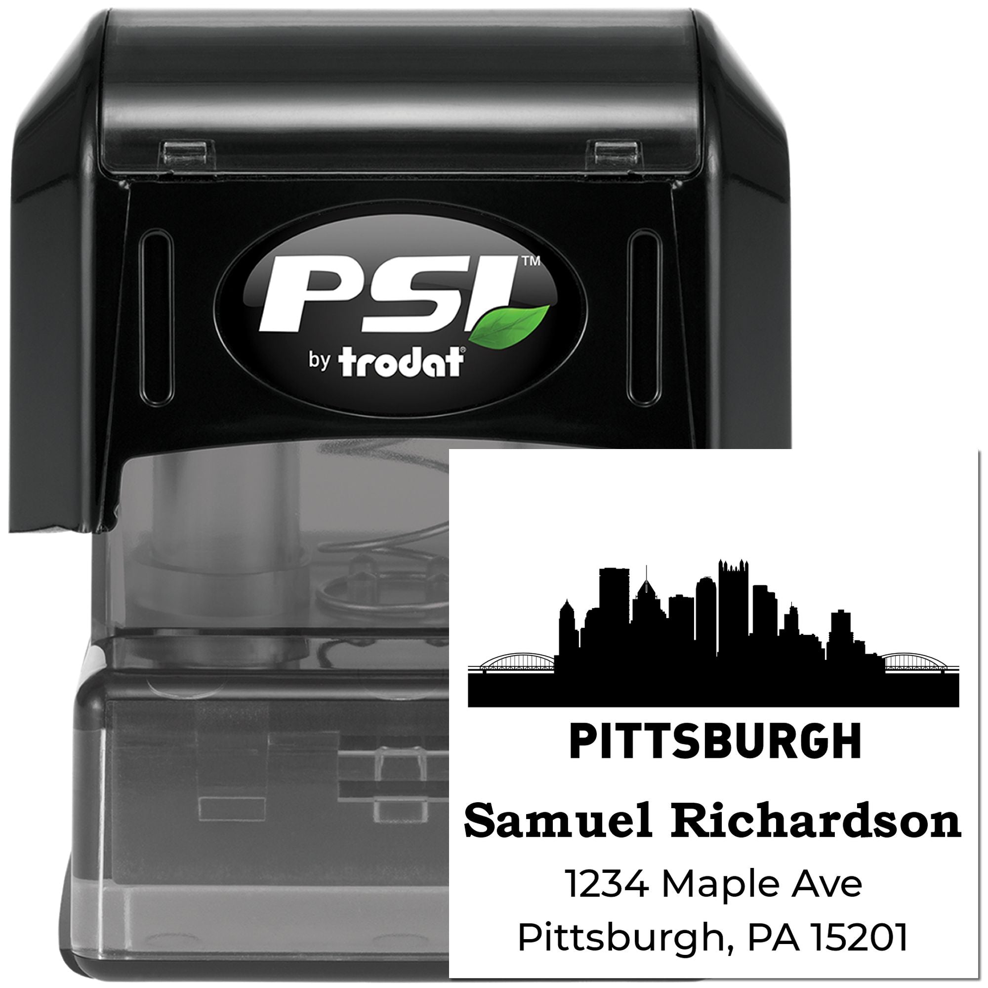 Custom self-inking rubber stamp by PSI Trodat with Pittsburgh skyline, name, and address for business mailings.