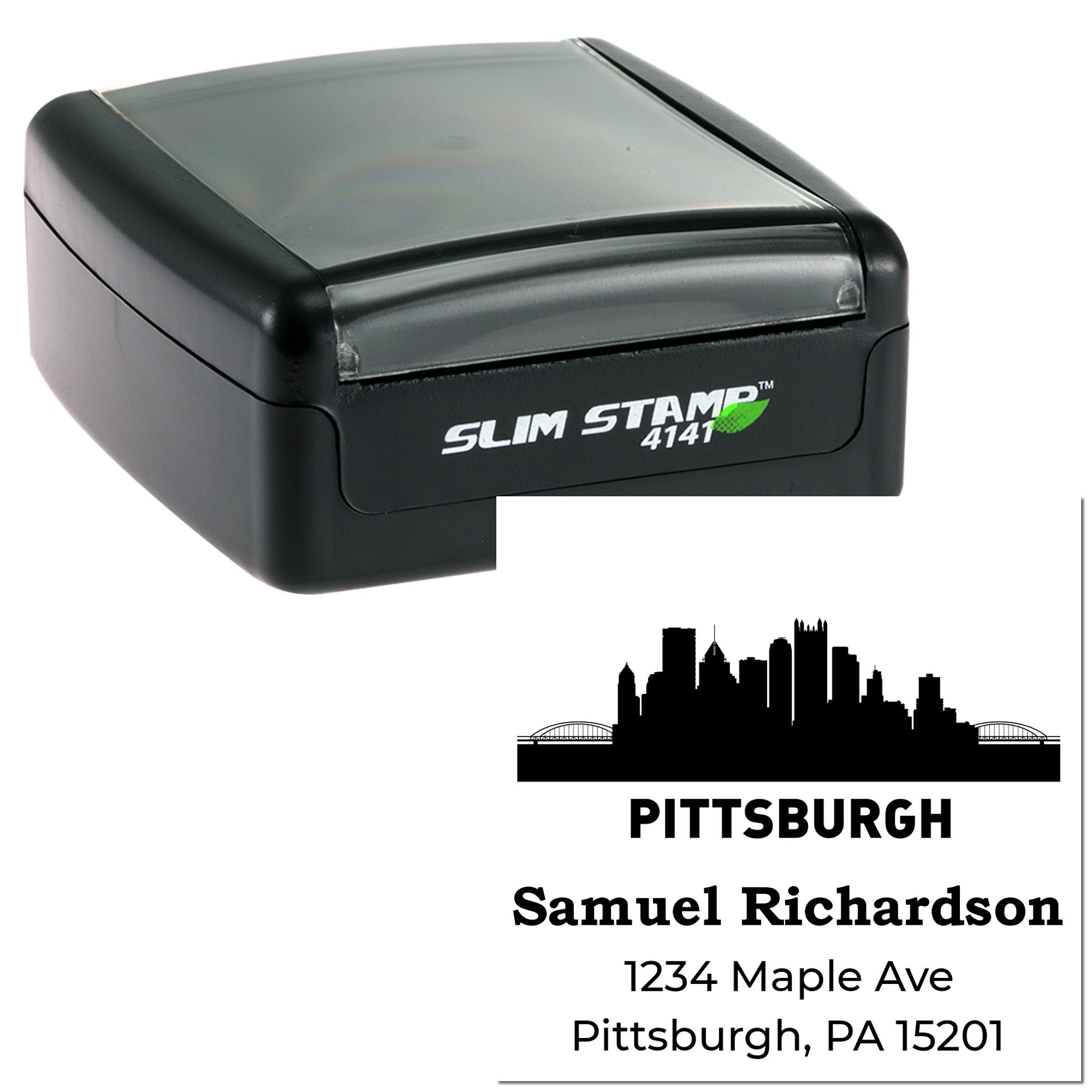 Custom Pittsburgh address rubber stamp with skyline design, showing a self-inking Slim Stamp and personalized name and address imprint.