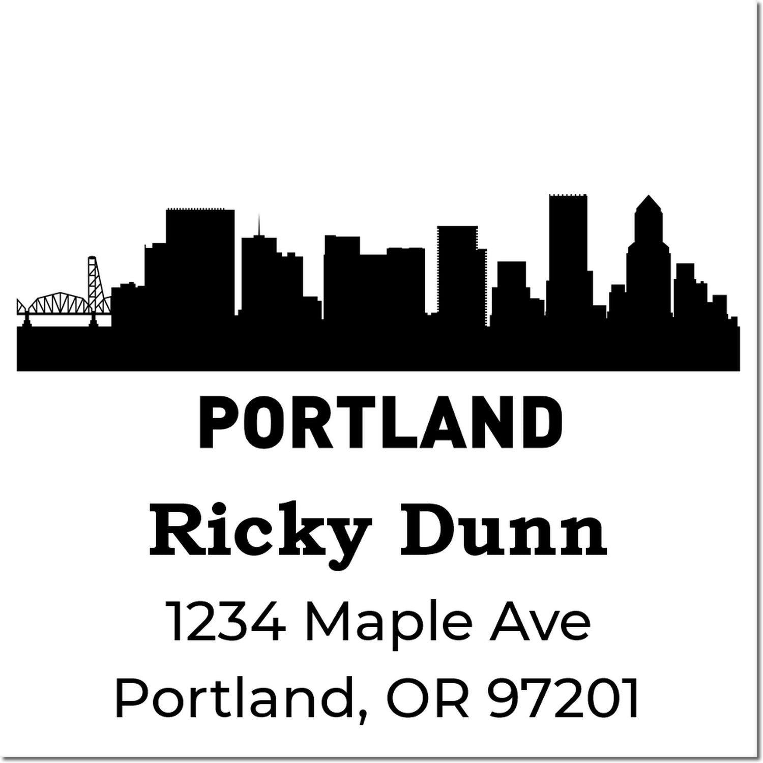 Custom Portland skyline return address rubber stamp with name Ricky Dunn and address 1234 Maple Ave, Portland, OR 97201