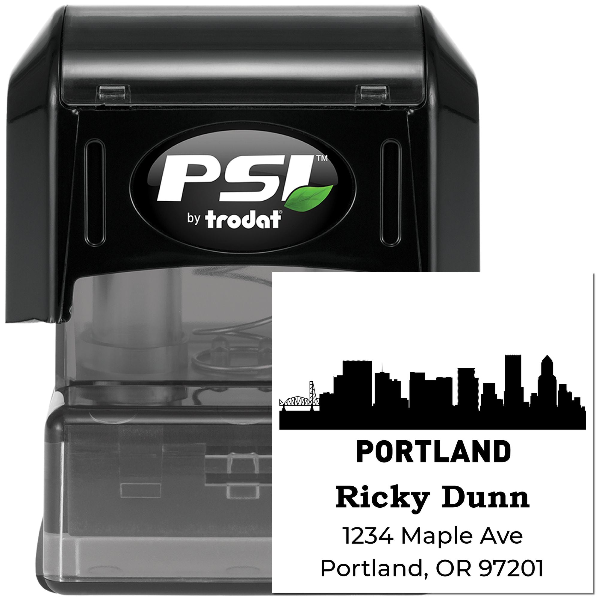 Custom Portland address self-inking rubber stamp by PSI Trodat with skyline design and return address imprint