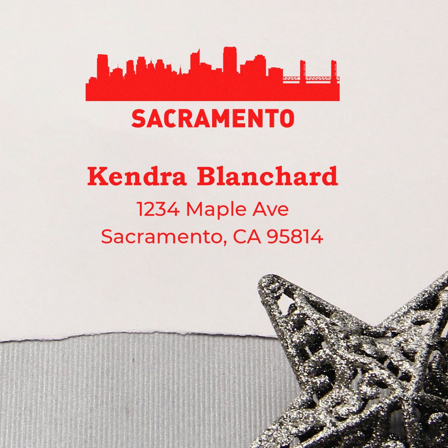 Custom Sacramento address rubber stamp with skyline graphic, personalized name, and mailing address.