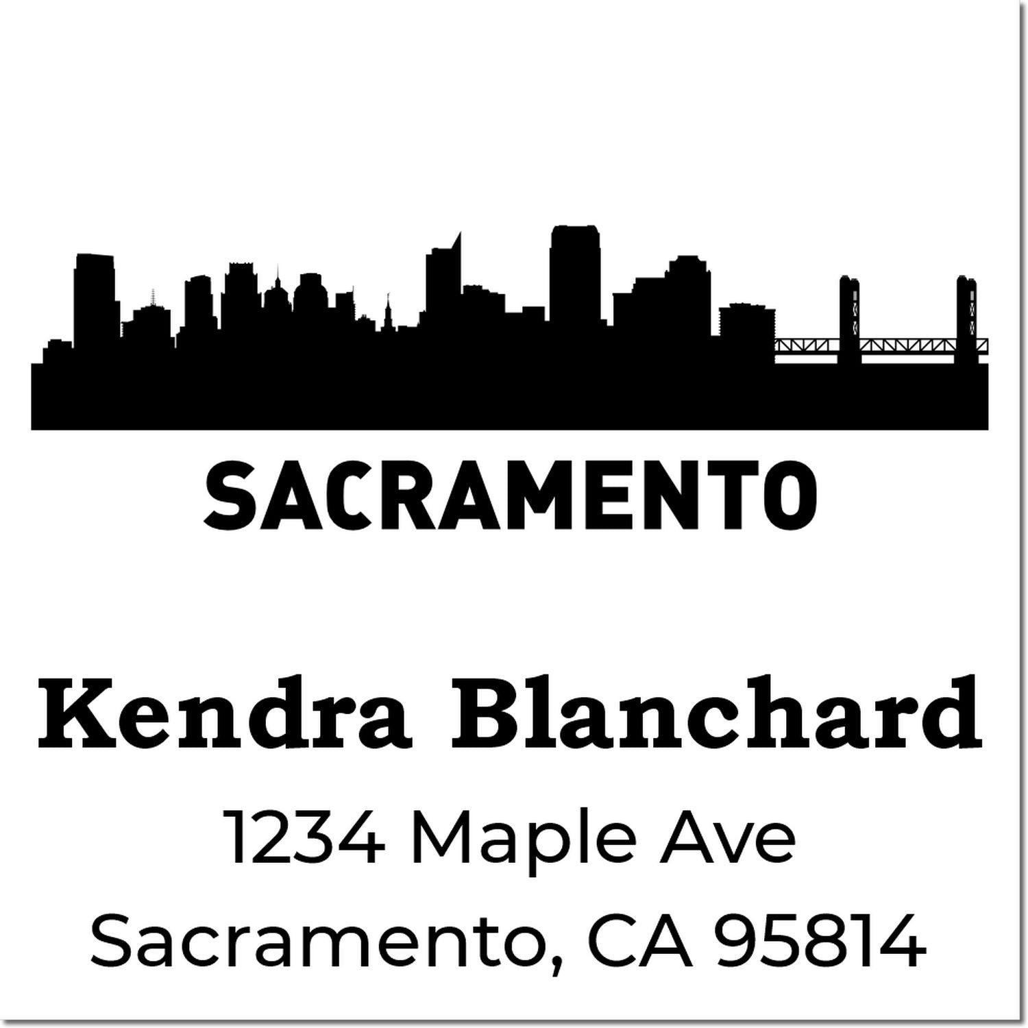 Custom Sacramento rubber stamp with skyline, name, and address for business branding and return mailing.