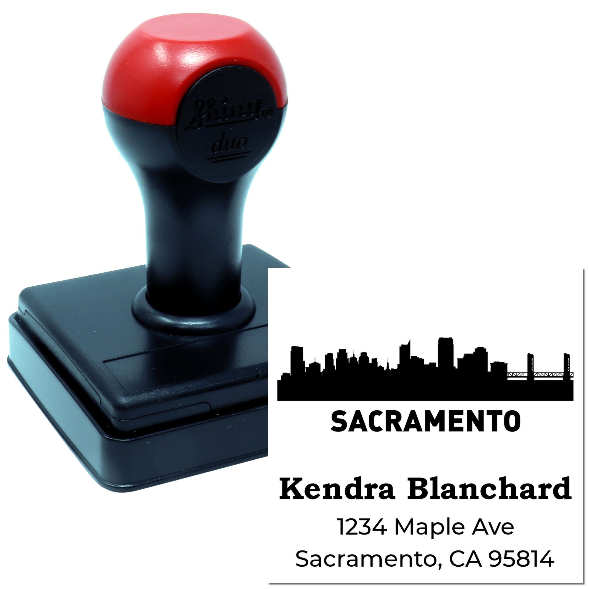Personalized self-inking rubber return address stamp with Sacramento skyline for Kendra Blanchard