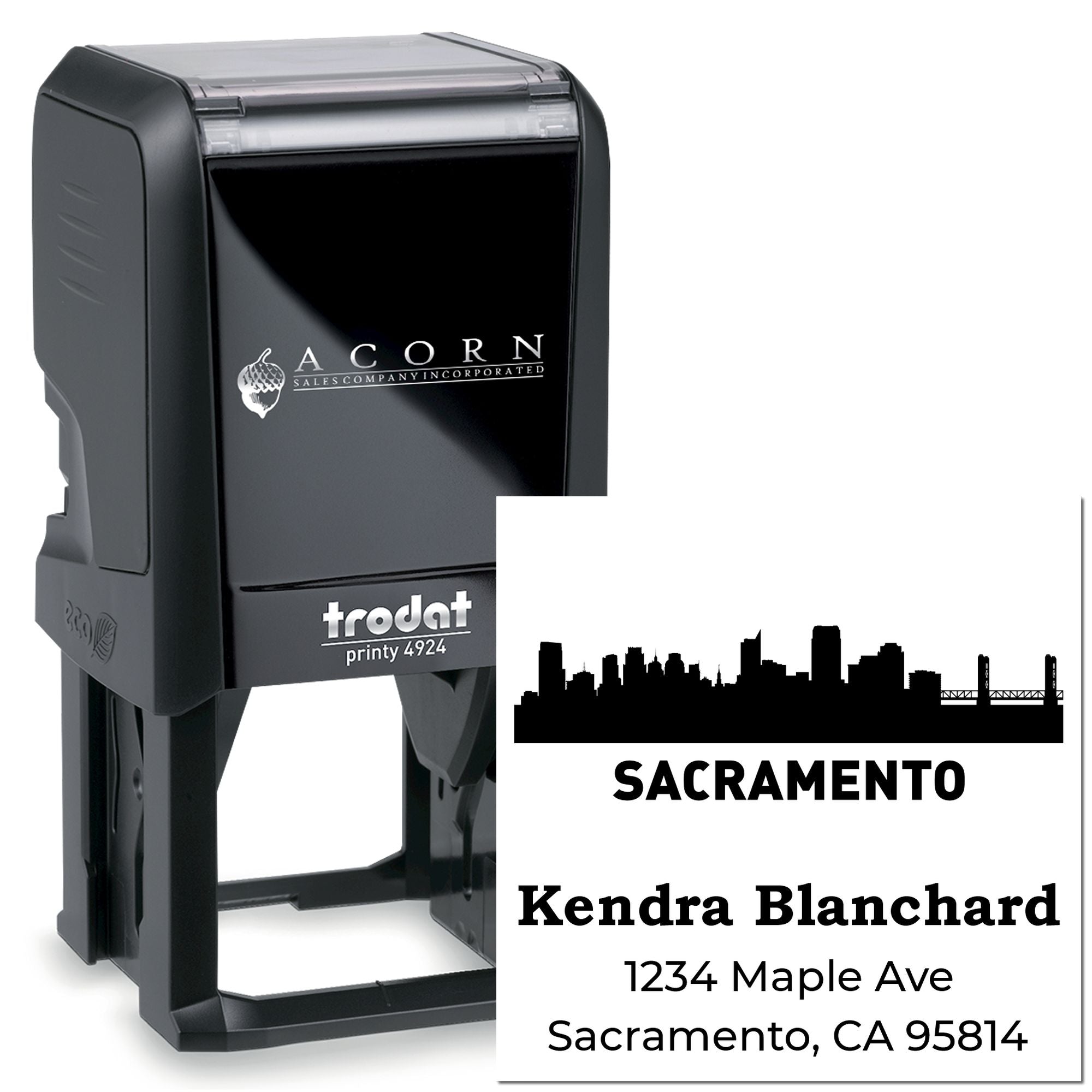 Custom self-inking rubber address stamp with Sacramento skyline, name, street address and ZIP code.